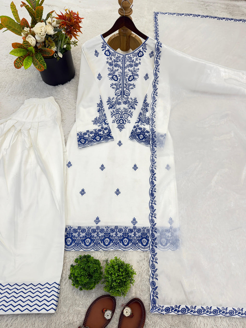 Rayon Cotton Embroidered Farshi Suit Set With GMY Silk Dupatta | Fully Stitched 3 Piece Ethnic Wear Outfit | Designer Thread Work Suit
