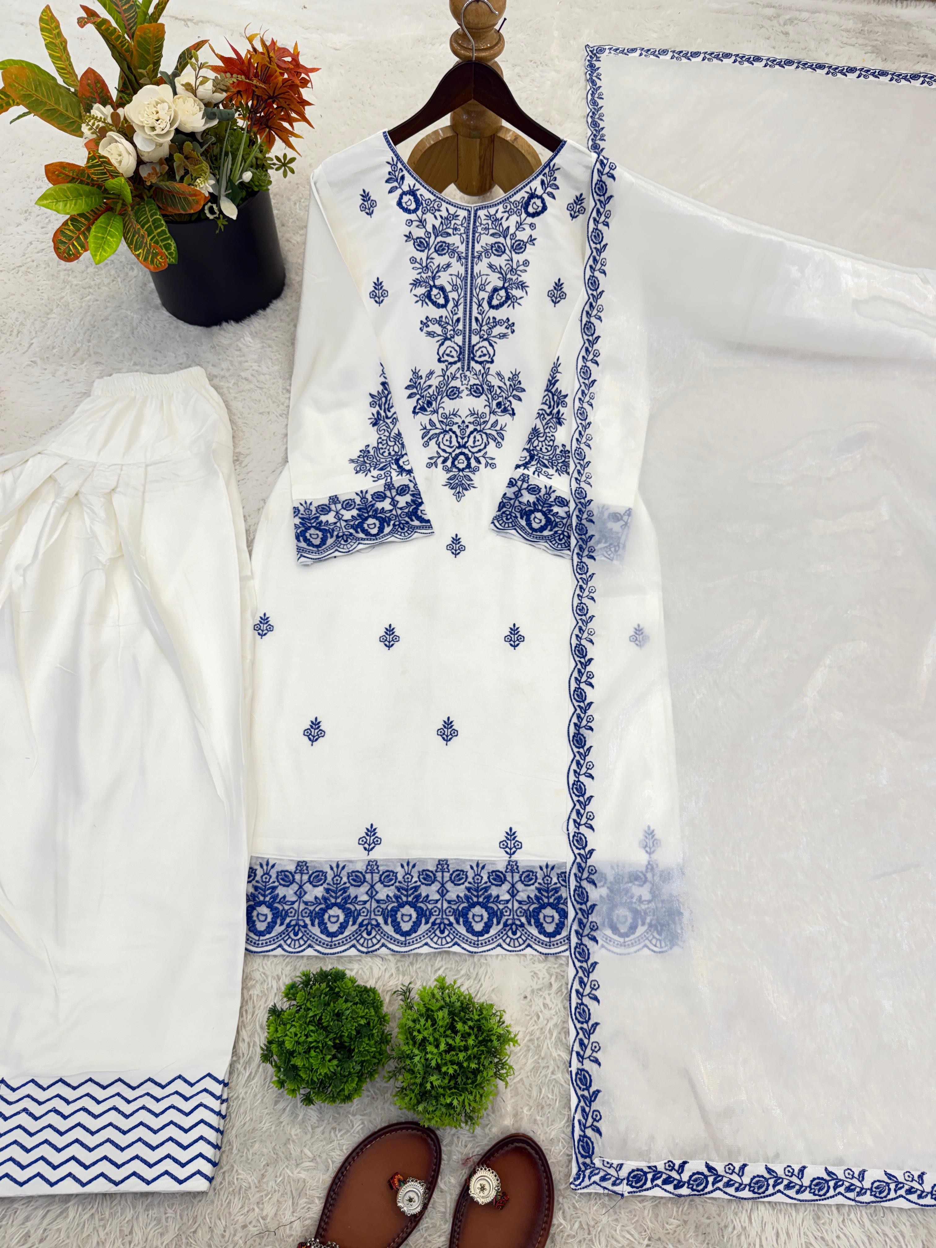 Rayon Cotton Embroidered Farshi Suit Set With GMY Silk Dupatta | Fully Stitched 3 Piece Ethnic Wear Outfit | Designer Thread Work Suit