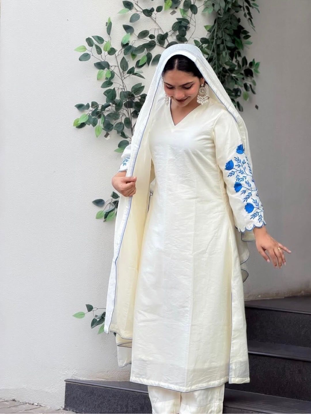 Roman Silk Embroidered Pant Suit Set For Women | Designer 3 Piece Kurti Pant Dupatta Outfit | Summer Party Wear Ethnic Collection