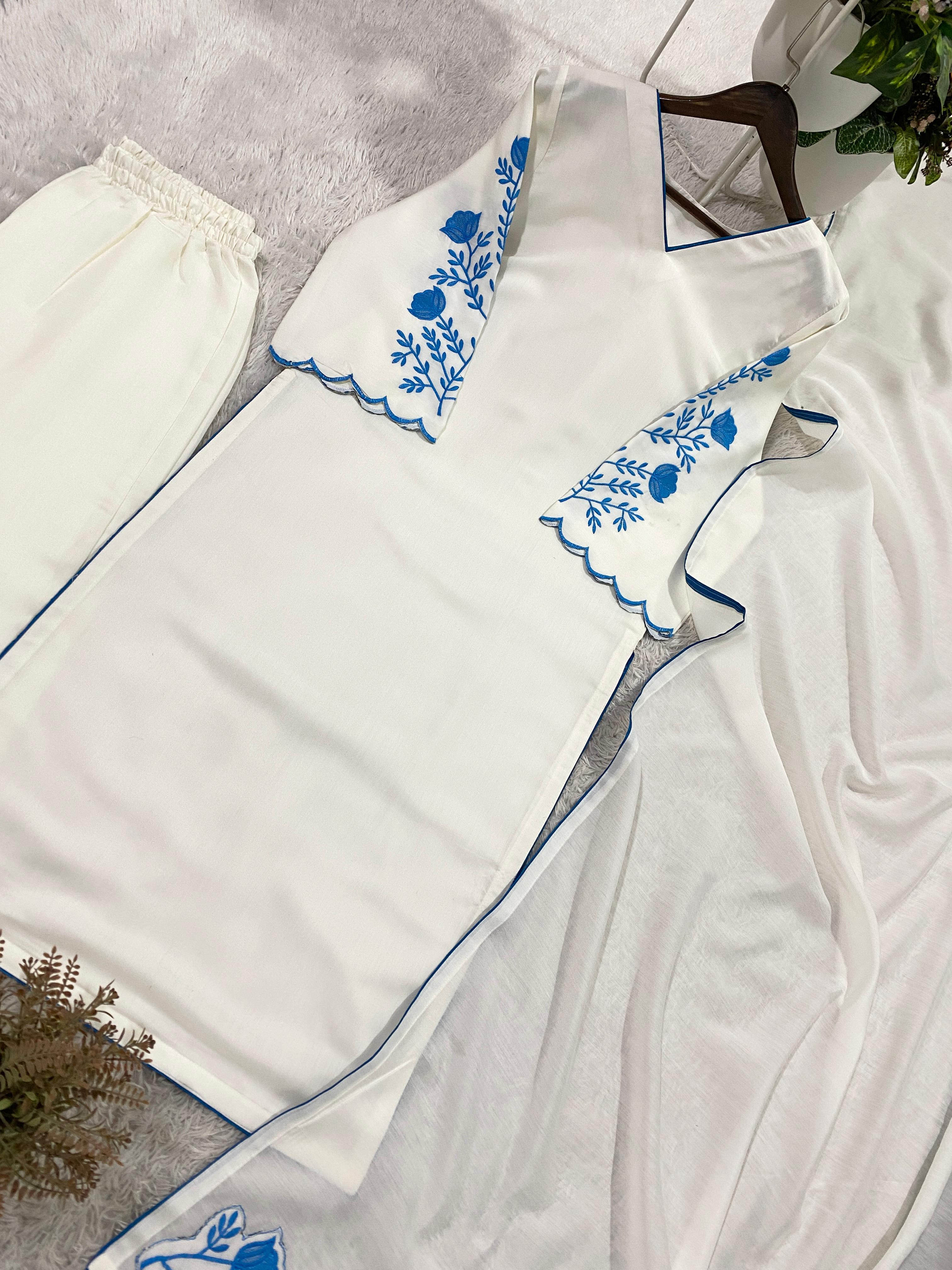 Roman Silk Embroidered Pant Suit Set For Women | Designer 3 Piece Kurti Pant Dupatta Outfit | Summer Party Wear Ethnic Collection