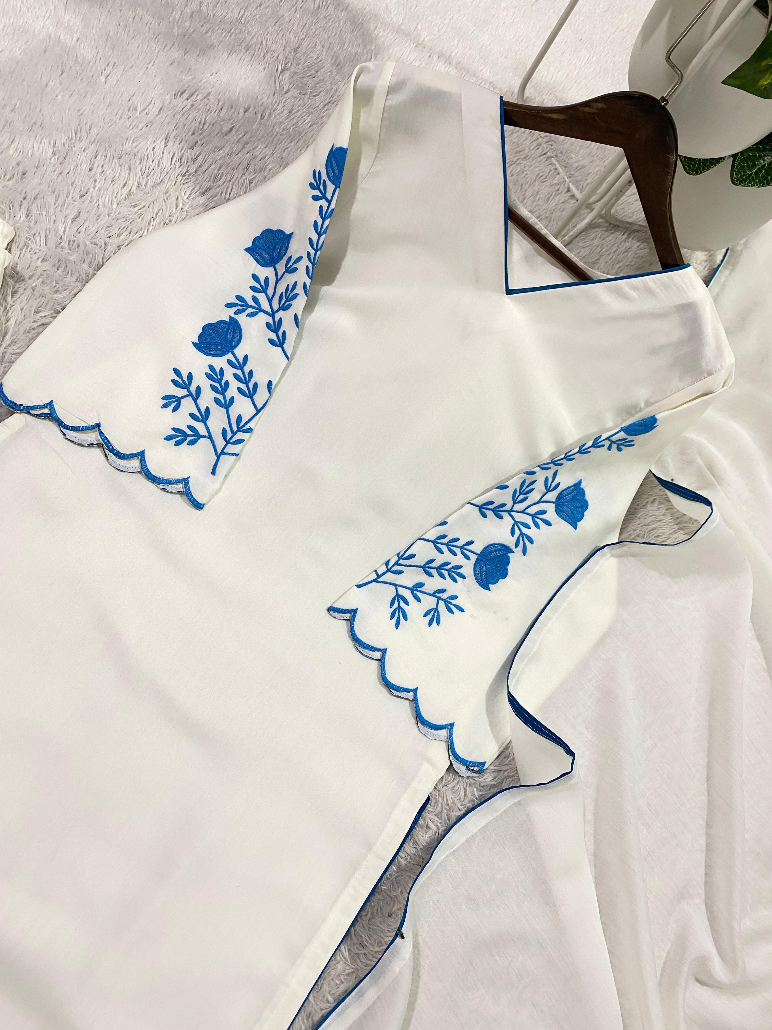 Roman Silk Embroidered Pant Suit Set For Women | Designer 3 Piece Kurti Pant Dupatta Outfit | Summer Party Wear Ethnic Collection