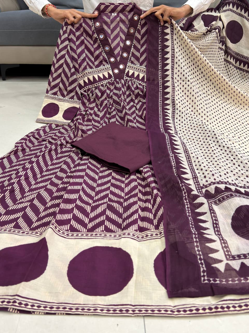 Pure Mul Mul Cotton Ghera Suit Set For Women | Branded 4 Piece Printed Kurti Pant Dupatta Set With Bracelet | Designer Ethnic Wear