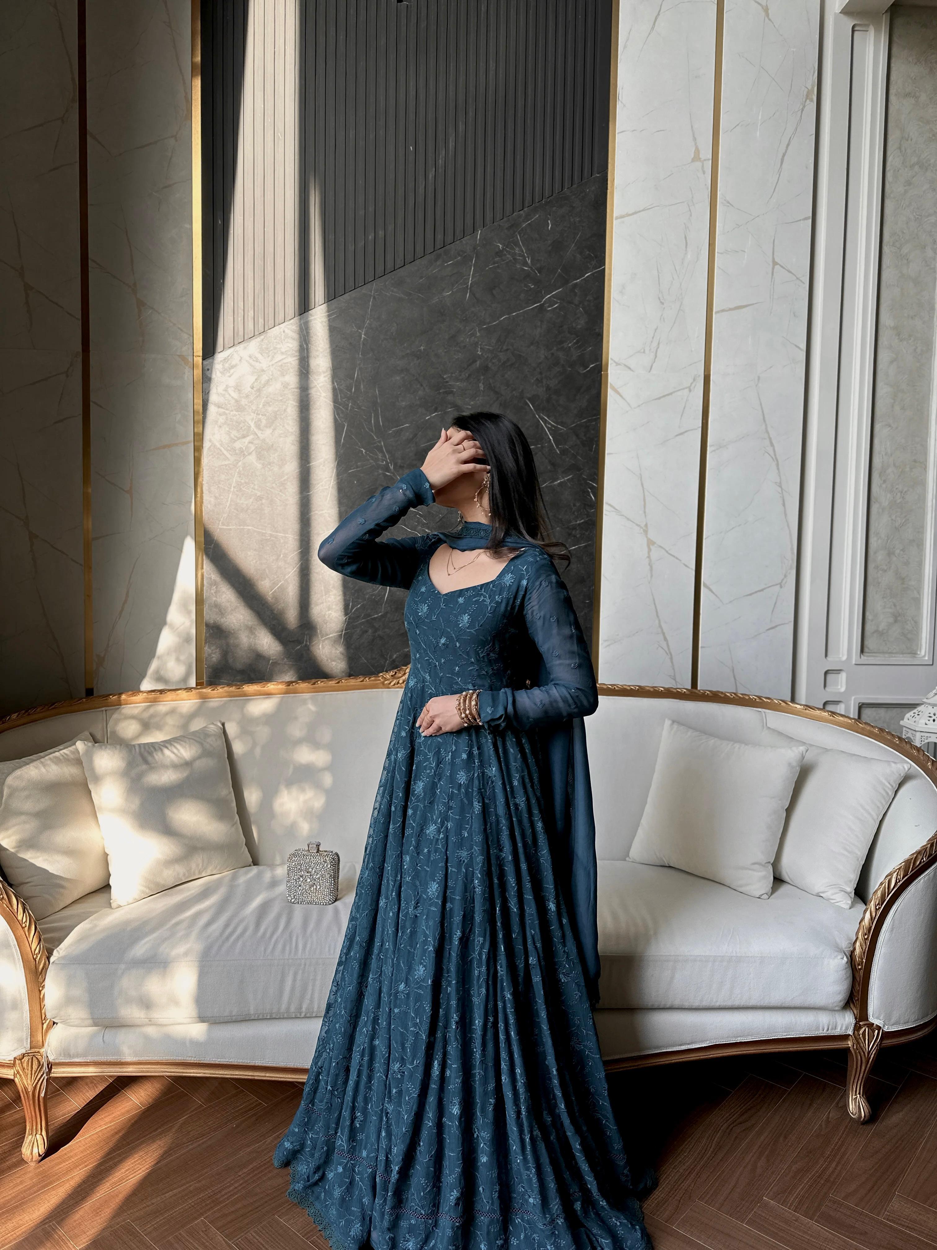 Stylish Georgette Silk Embroidered Gown With Dupatta For Women | Designer Thread Work Party Wear Ethnic Outfit | Ready To Wear Anarkali Dress
