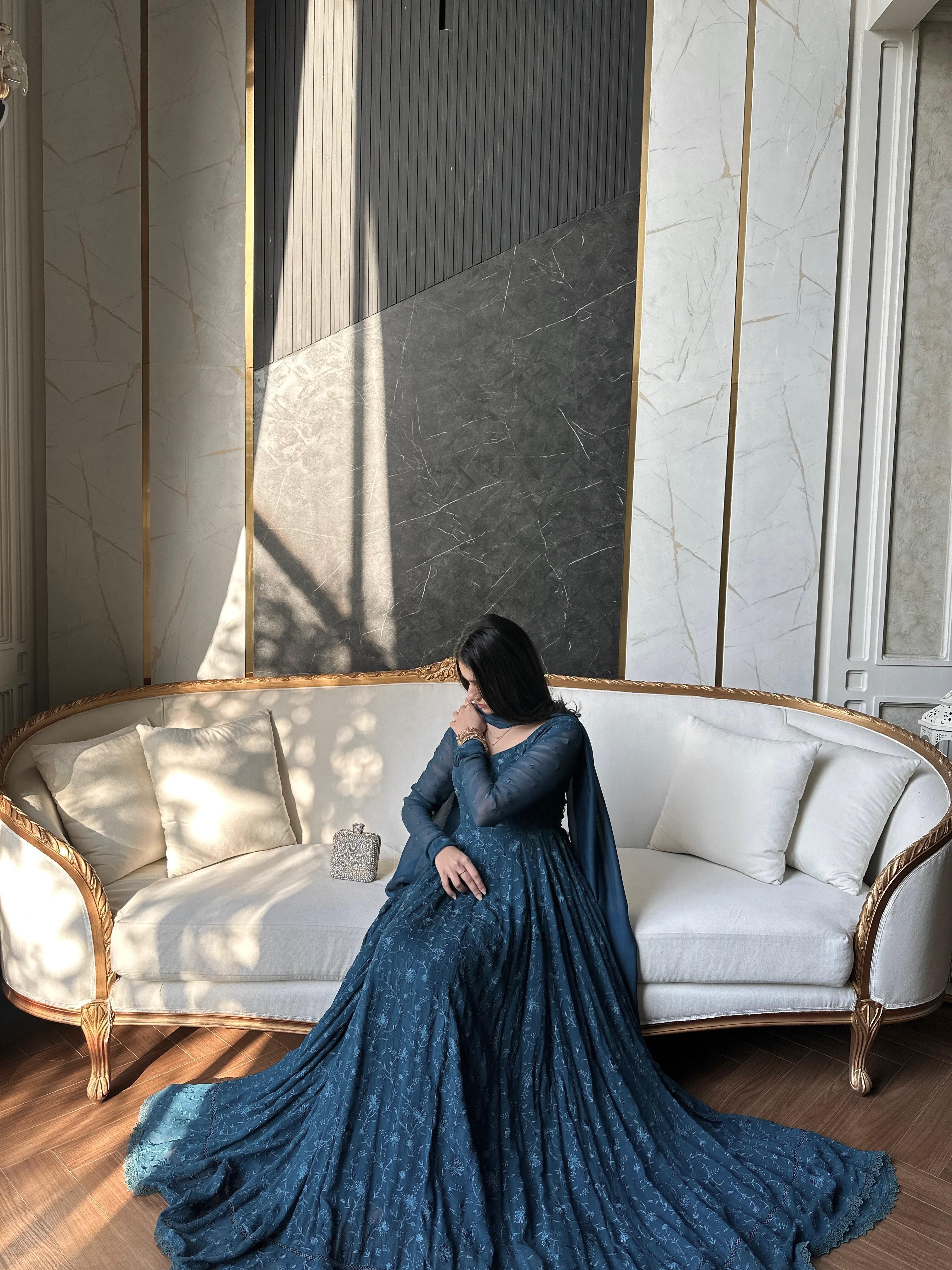 Stylish Georgette Silk Embroidered Gown With Dupatta For Women | Designer Thread Work Party Wear Ethnic Outfit | Ready To Wear Anarkali Dress