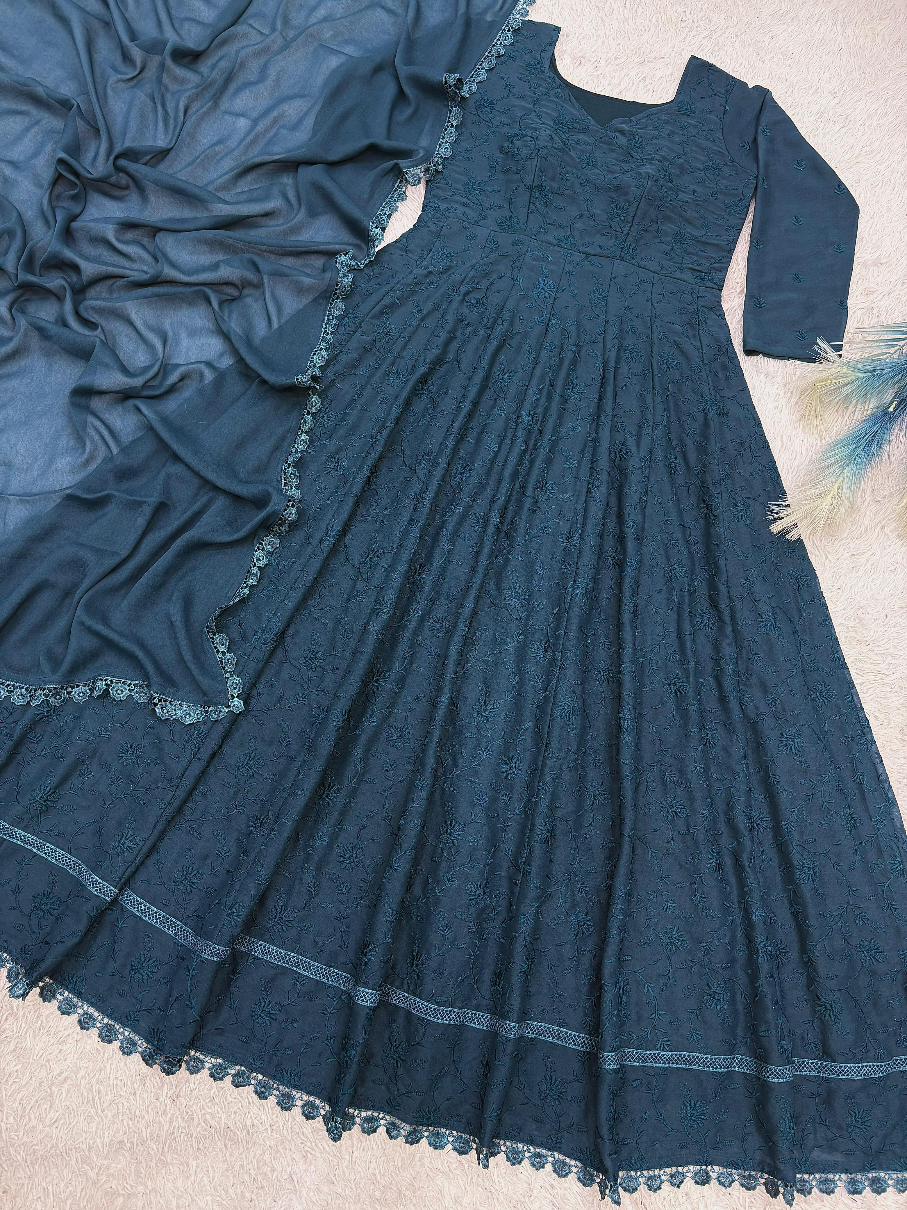 Stylish Georgette Silk Embroidered Gown With Dupatta For Women | Designer Thread Work Party Wear Ethnic Outfit | Ready To Wear Anarkali Dress