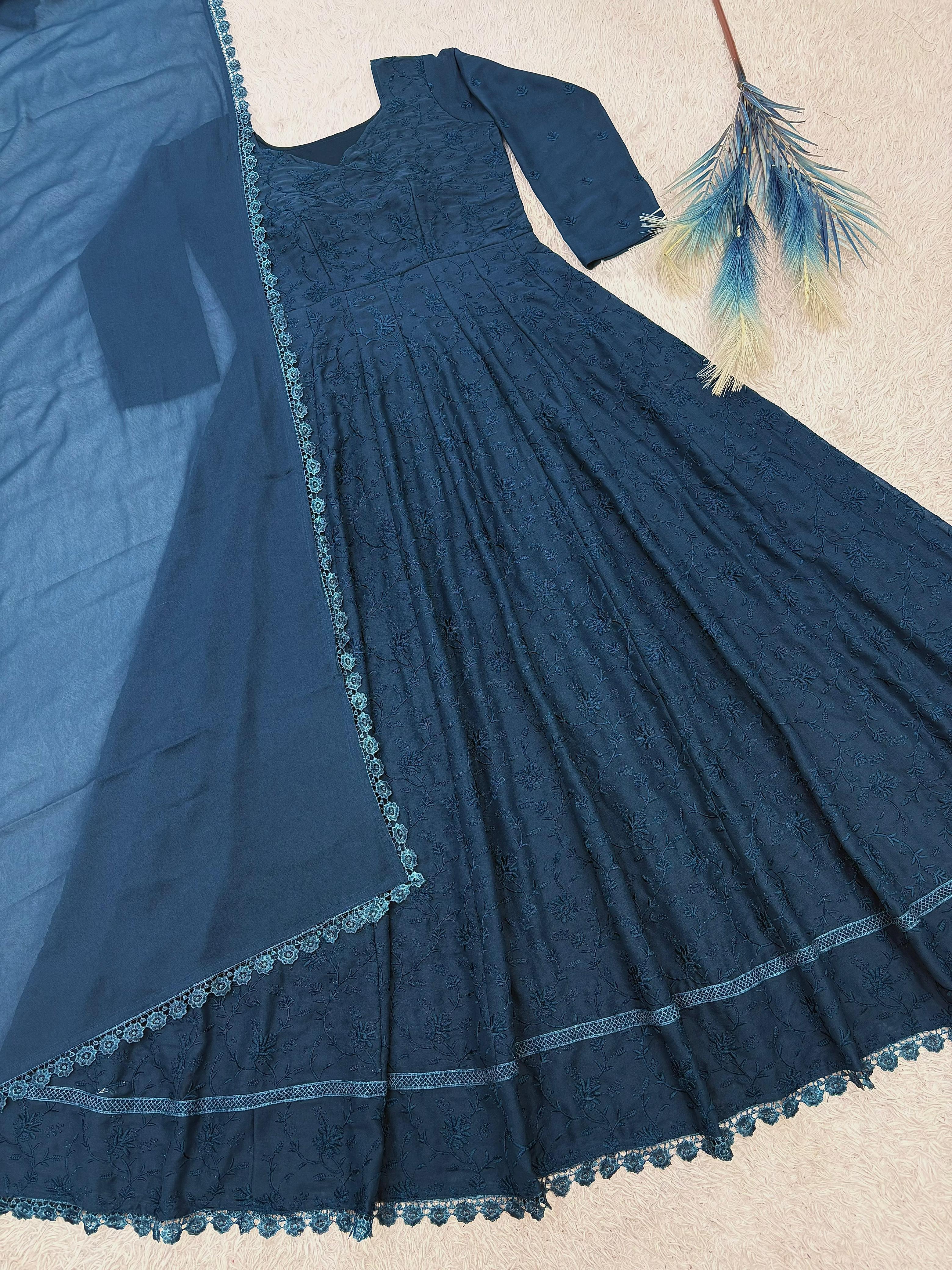 Stylish Georgette Silk Embroidered Gown With Dupatta For Women | Designer Thread Work Party Wear Ethnic Outfit | Ready To Wear Anarkali Dress