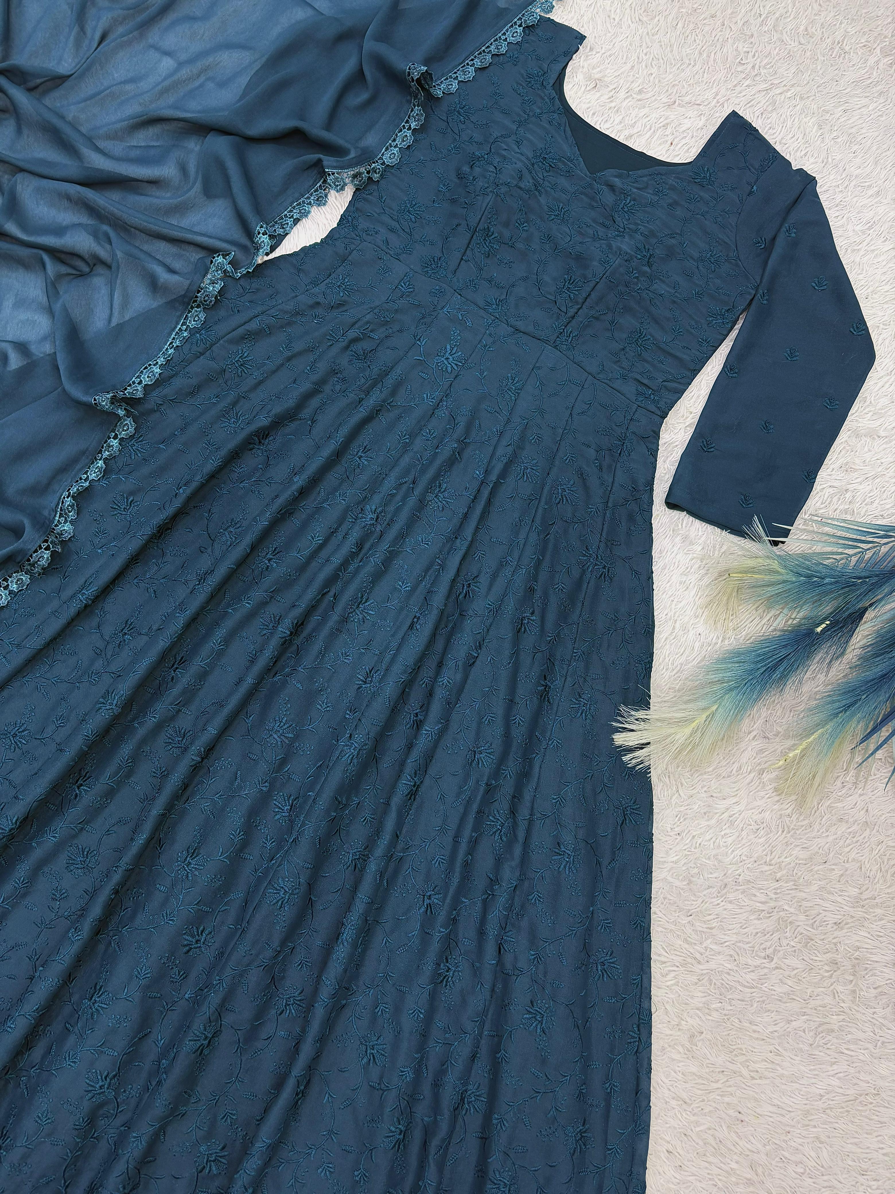 Stylish Georgette Silk Embroidered Gown With Dupatta For Women | Designer Thread Work Party Wear Ethnic Outfit | Ready To Wear Anarkali Dress