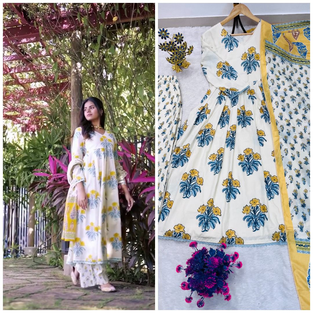 Summer Collection Maslin Printed Gown Palazzo Set For Women | Digital Print Designer Ethnic Outfit With Dupatta | Premium Ready To Wear Suit Set