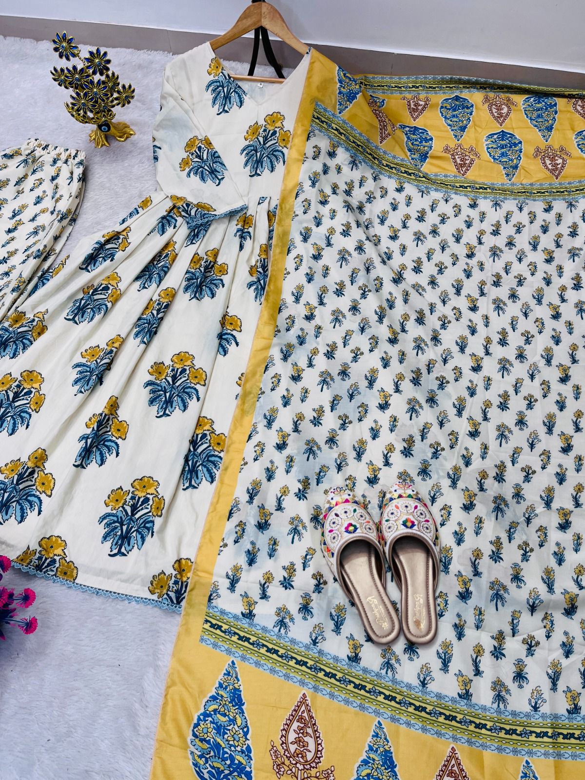 Summer Collection Maslin Printed Gown Palazzo Set For Women | Digital Print Designer Ethnic Outfit With Dupatta | Premium Ready To Wear Suit Set