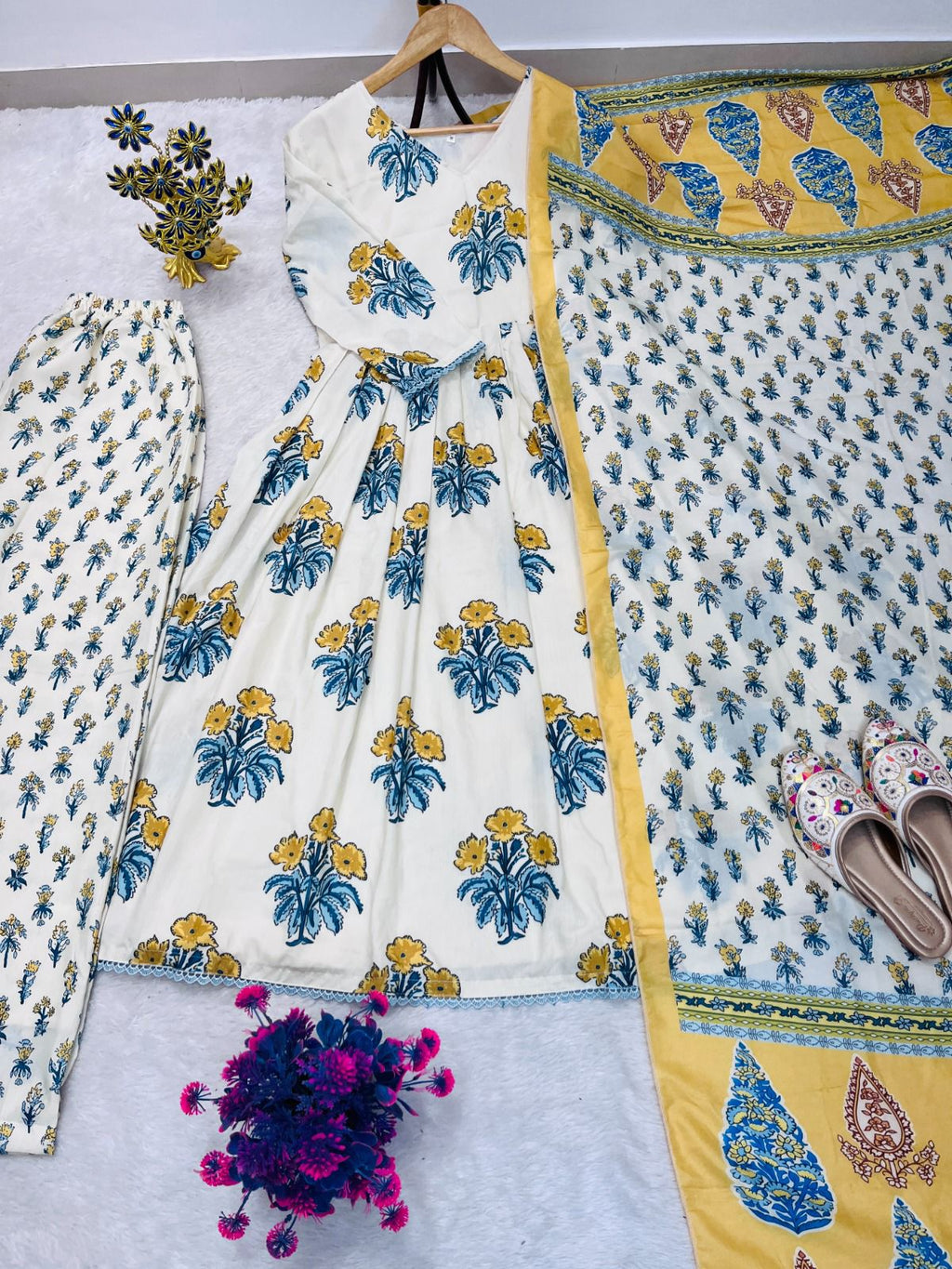 Summer Collection Maslin Printed Gown Palazzo Set For Women | Digital Print Designer Ethnic Outfit With Dupatta | Premium Ready To Wear Suit Set