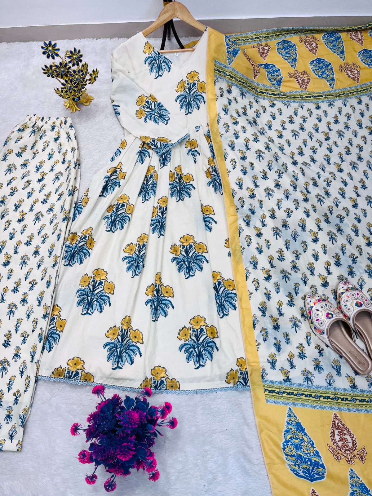 Summer Collection Maslin Printed Gown Palazzo Set For Women | Digital Print Designer Ethnic Outfit With Dupatta | Premium Ready To Wear Suit Set