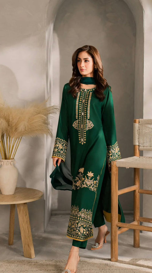 Abrish Inspired Semi Occasion 3 Piece Suit Set For Women | Soft Cotton Blend Kurti Crepe Pant Chiffon Dupatta Coord Set | Plus Size Designer Ethnic Outfit