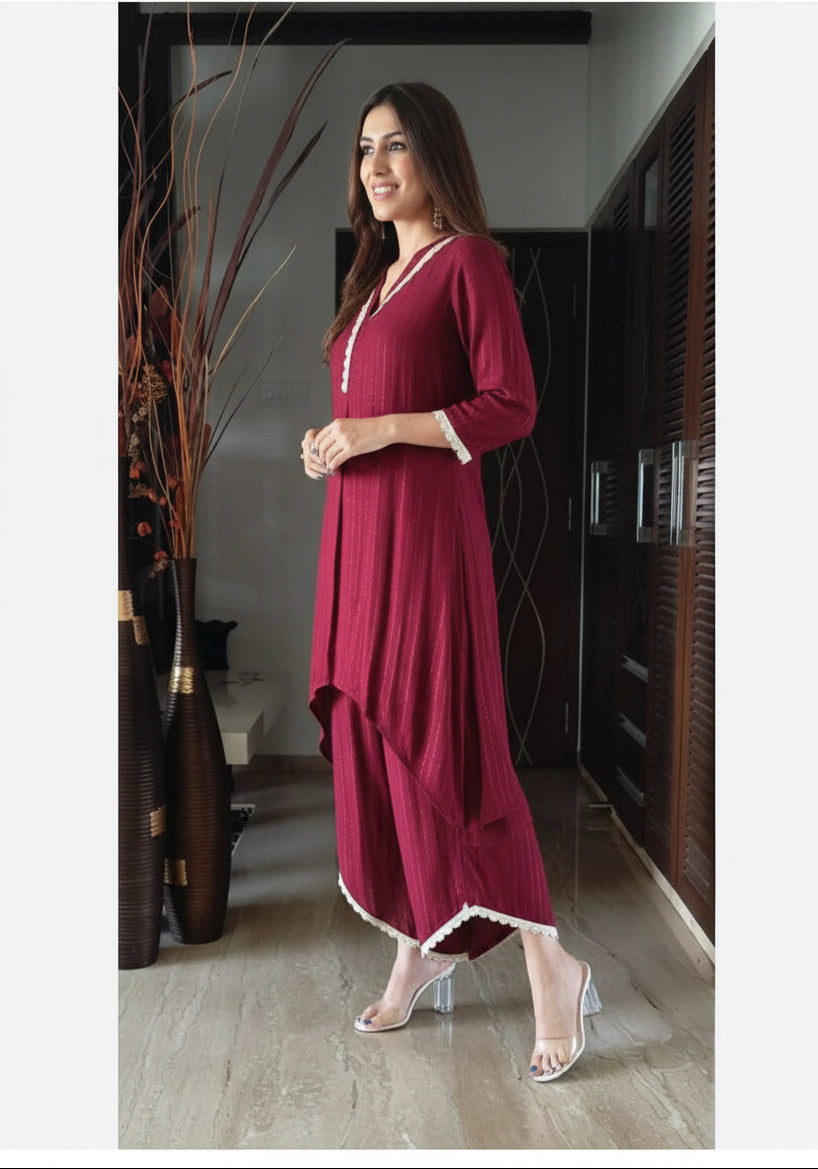 Pure Soft Cotton 2 Piece Coord Set For Women | Lace Neck Embossed Zari Top Pant Outfit | Plus Size Daily Wear Coords