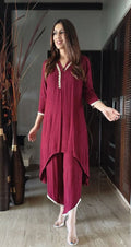 Pure Soft Cotton 2 Piece Coord Set For Women | Lace Neck Embossed Zari Top Pant Outfit | Plus Size Daily Wear Coords