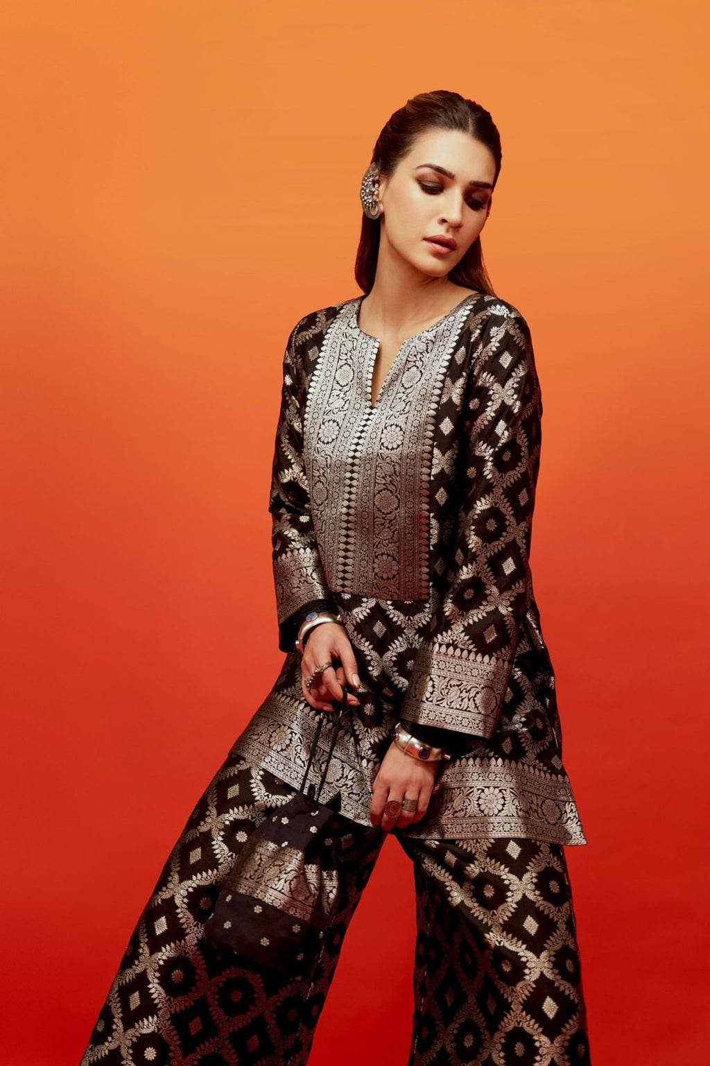 Sobari Inspired Celebrity Cotton Rayon 2 Piece Coord Set For Women | Summer Drop Gold Foil Top Pant Outfit | Plus Size Designer Daily Wear Coords