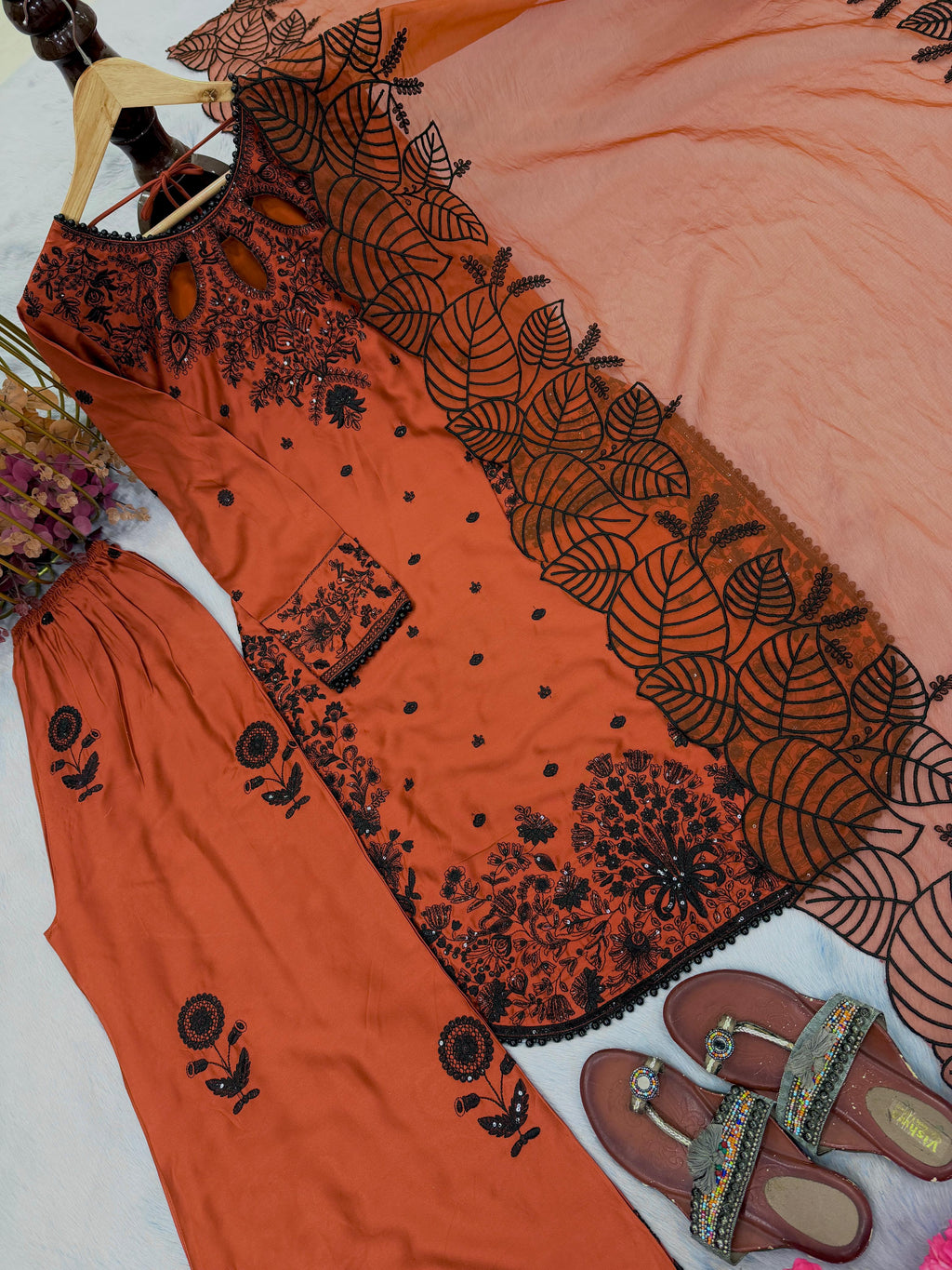 Designer Satin Rayon Palazzo Suit Set For Women | Embroidered Sequence Work Top Palazzo With Organza Silk Dupatta | Party Wear Ethnic Outfit