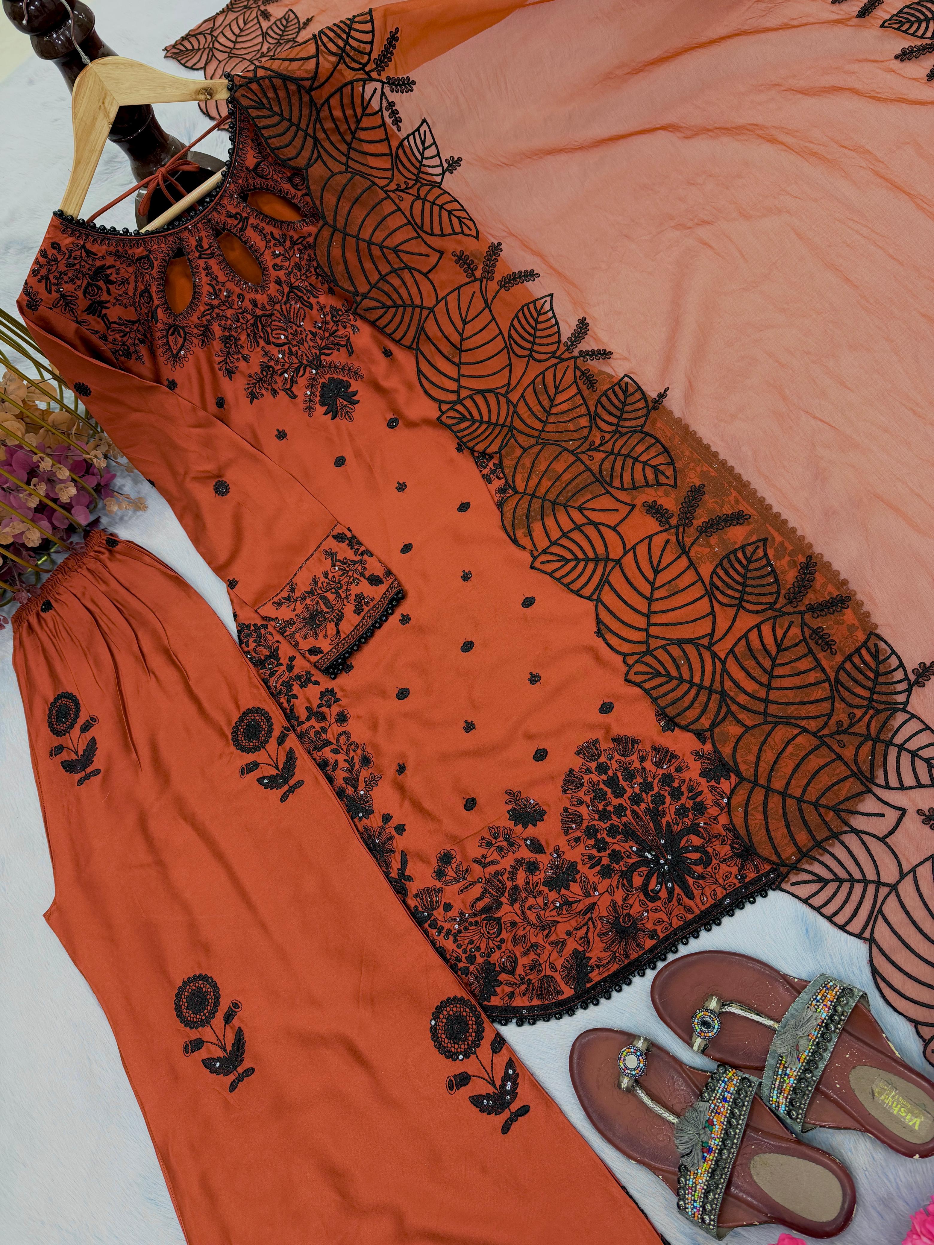 Designer Satin Rayon Palazzo Suit Set For Women | Embroidered Sequence Work Top Palazzo With Organza Silk Dupatta | Party Wear Ethnic Outfit