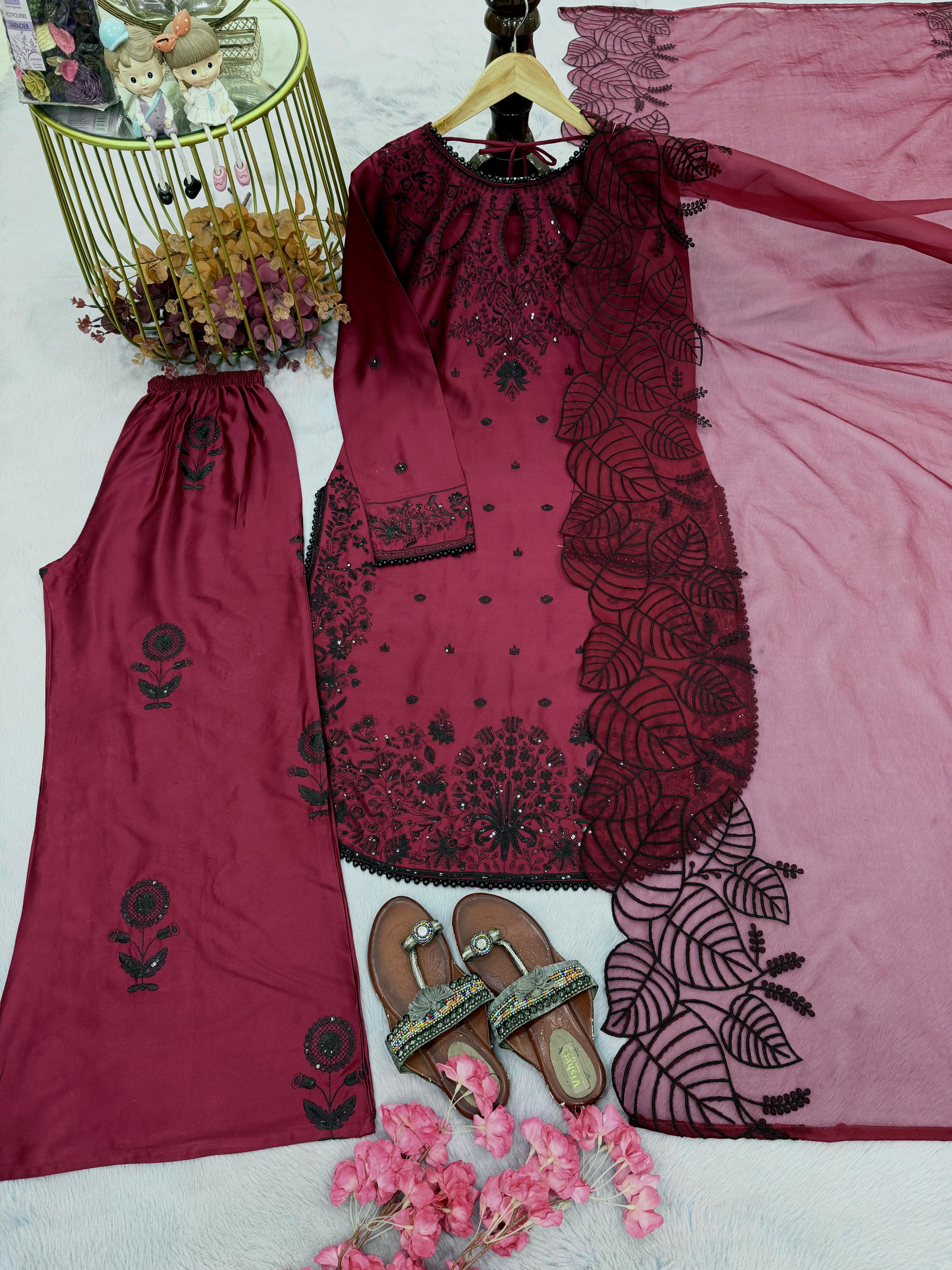 Designer Satin Rayon Palazzo Suit Set For Women | Embroidered Sequence Work Top Palazzo With Organza Silk Dupatta | Party Wear Ethnic Outfit