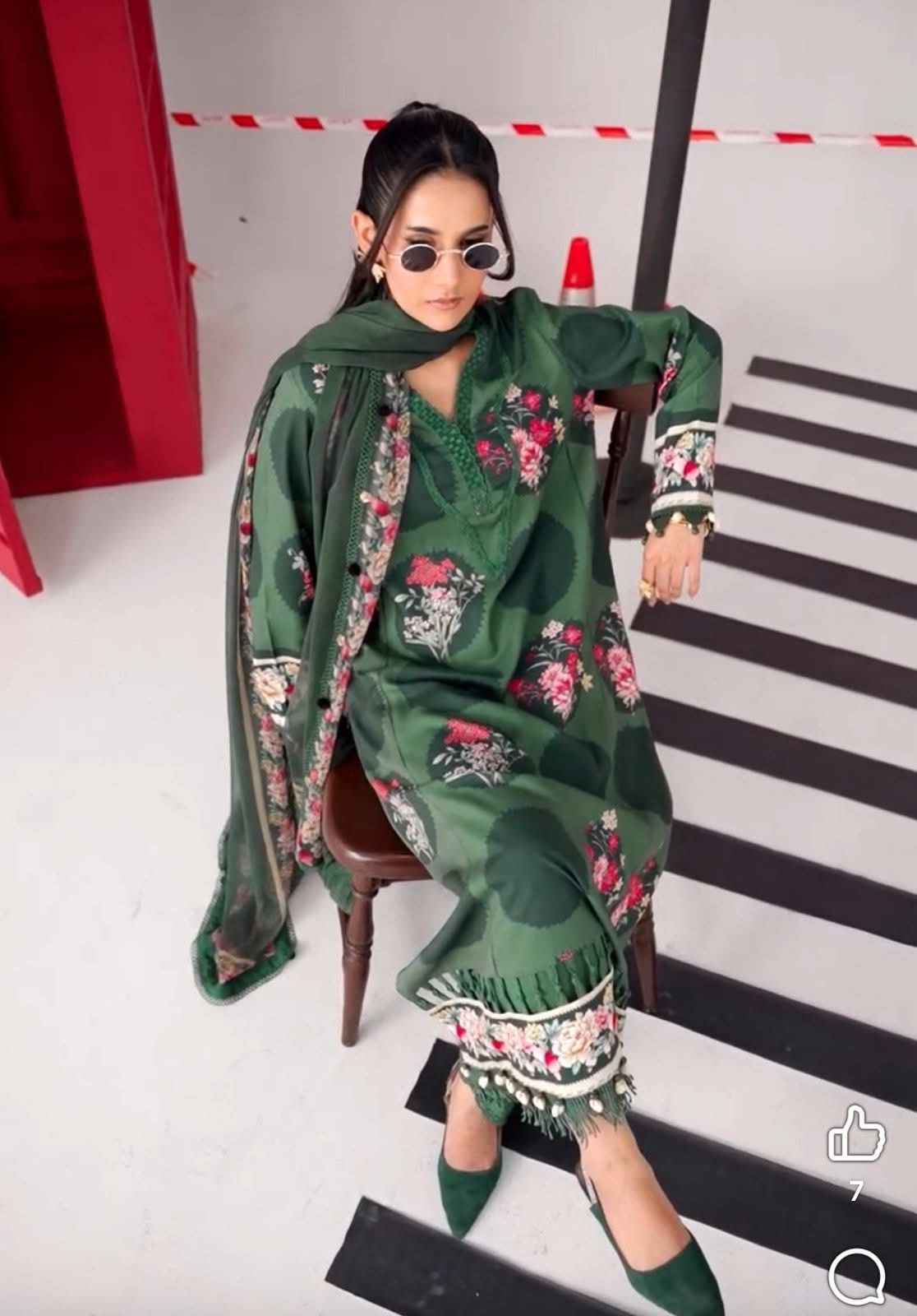 International Maria B Inspired Unique Soft Crepe 3 Piece Suit Set For Women | Designer Kurti Pant Dupatta Coord Set | Plus Size Pakistani Style Daily Wear Outfit