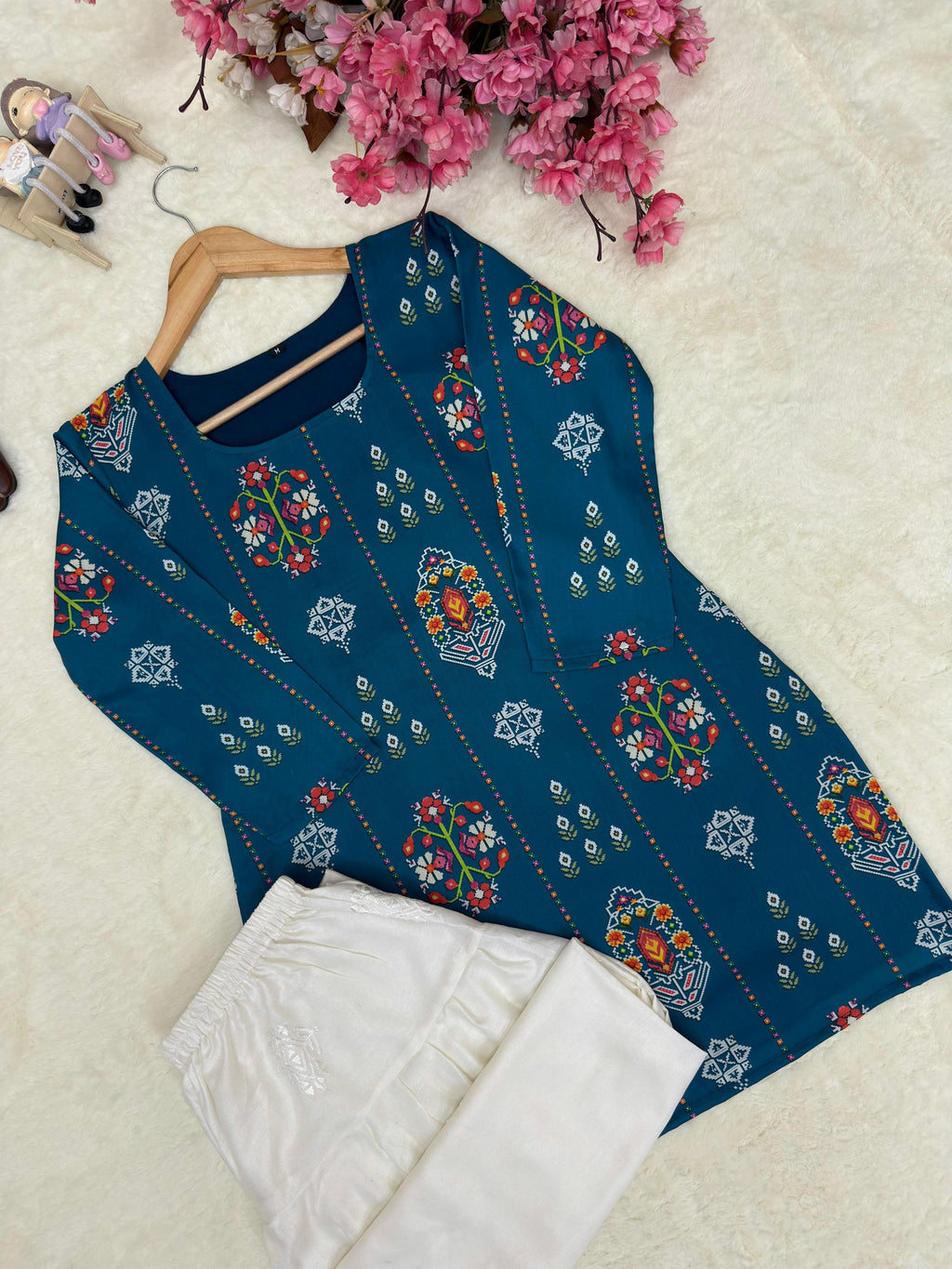 Premium Farshi Cord Set For Women | Maslin Cotton Digital Print Kurti With Embroidered Rayon Palazzo | Designer Ethnic Coord Set