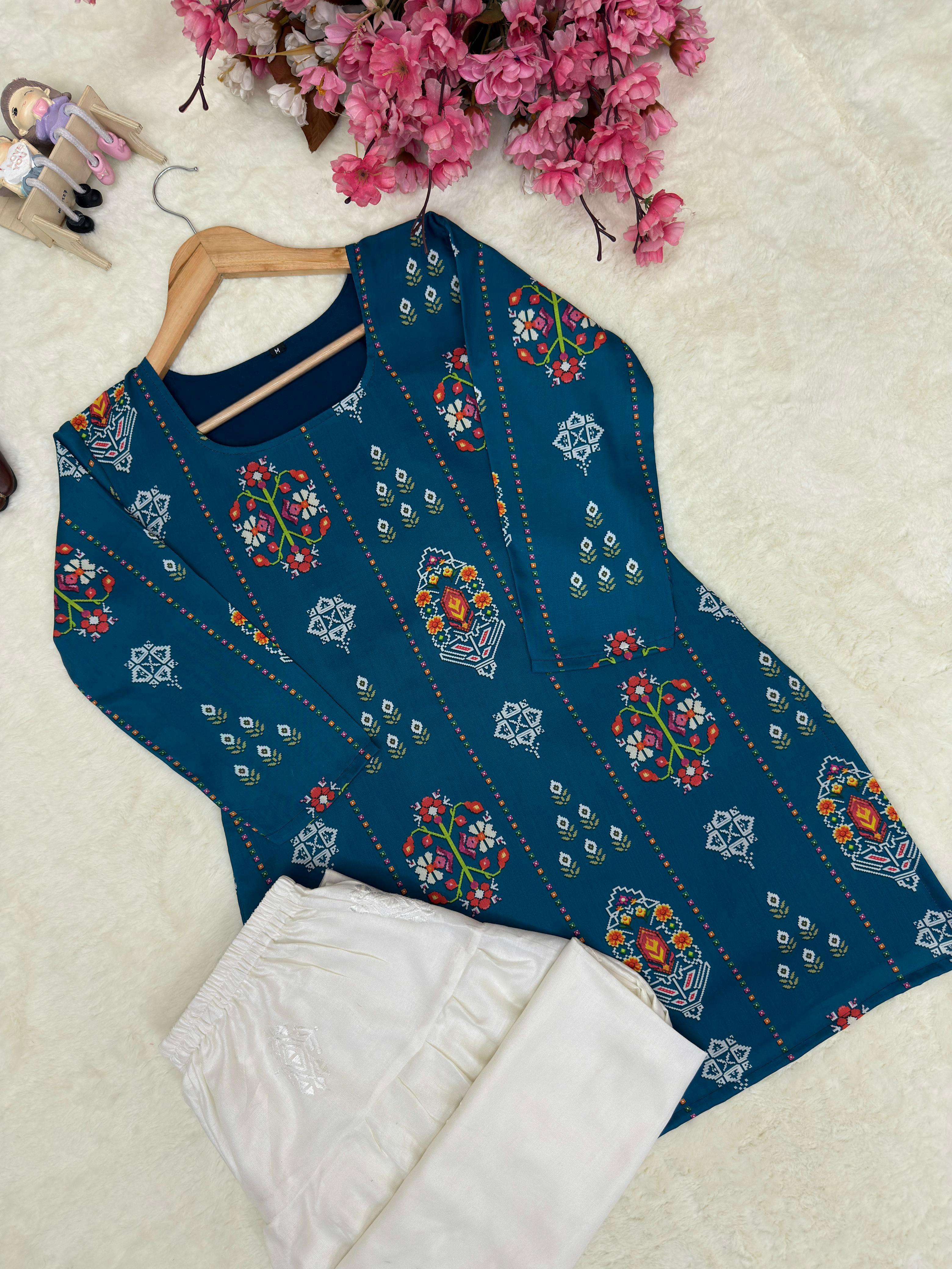 Premium Farshi Cord Set For Women | Maslin Cotton Digital Print Kurti With Embroidered Rayon Palazzo | Designer Ethnic Coord Set