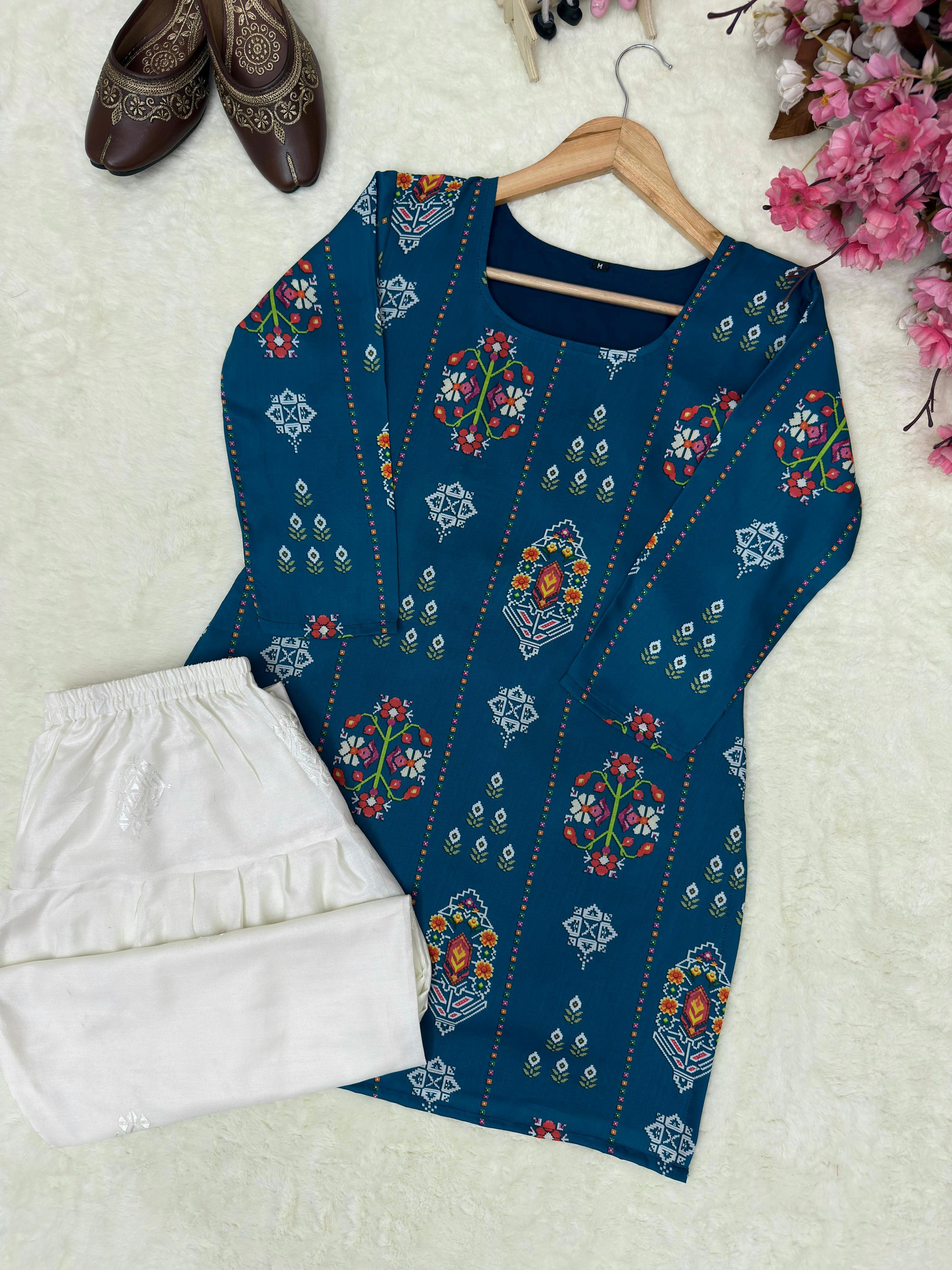 Premium Farshi Cord Set For Women | Maslin Cotton Digital Print Kurti With Embroidered Rayon Palazzo | Designer Ethnic Coord Set