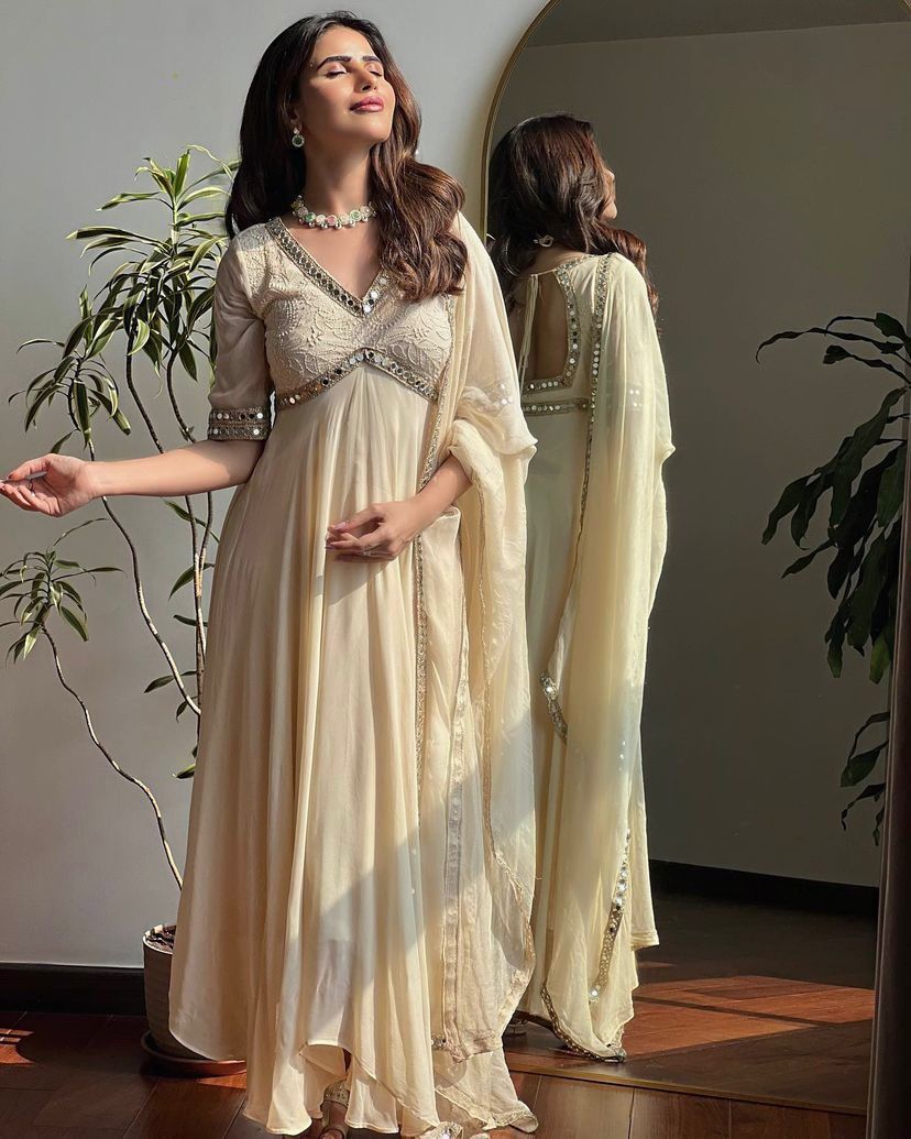 Designer Faux Georgette Anarkali Gown With Dupatta For Women | Chikankari Embroidery Real Mirror Work Party Wear Outfit | Heavy Flair Ethnic Gown
