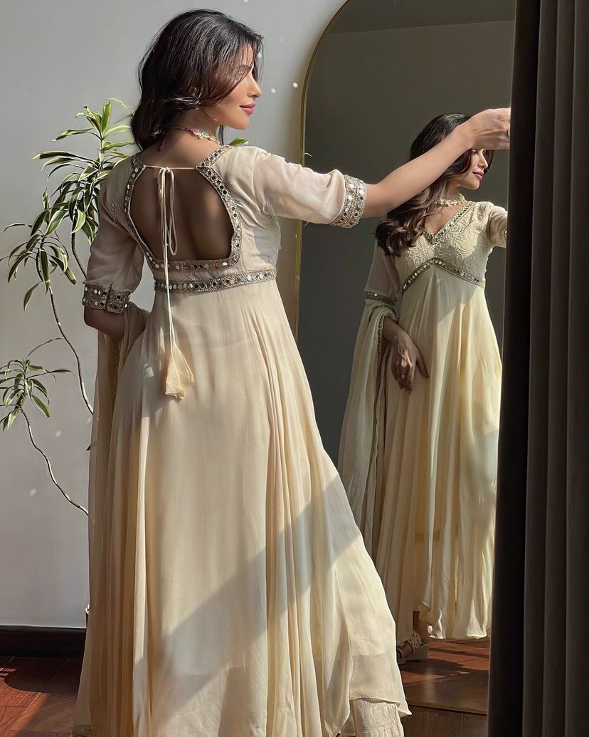 Designer Faux Georgette Anarkali Gown With Dupatta For Women | Chikankari Embroidery Real Mirror Work Party Wear Outfit | Heavy Flair Ethnic Gown