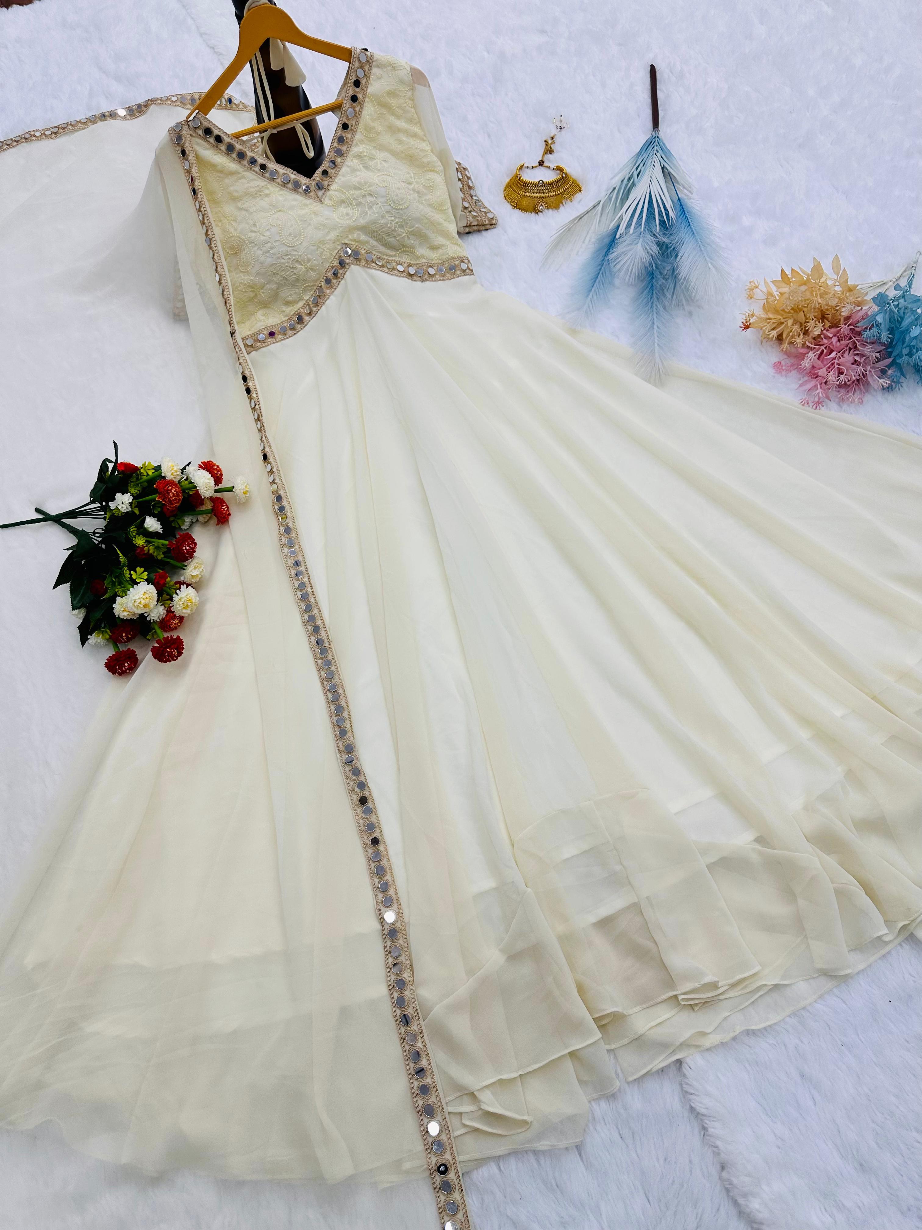 Designer Faux Georgette Anarkali Gown With Dupatta For Women | Chikankari Embroidery Real Mirror Work Party Wear Outfit | Heavy Flair Ethnic Gown