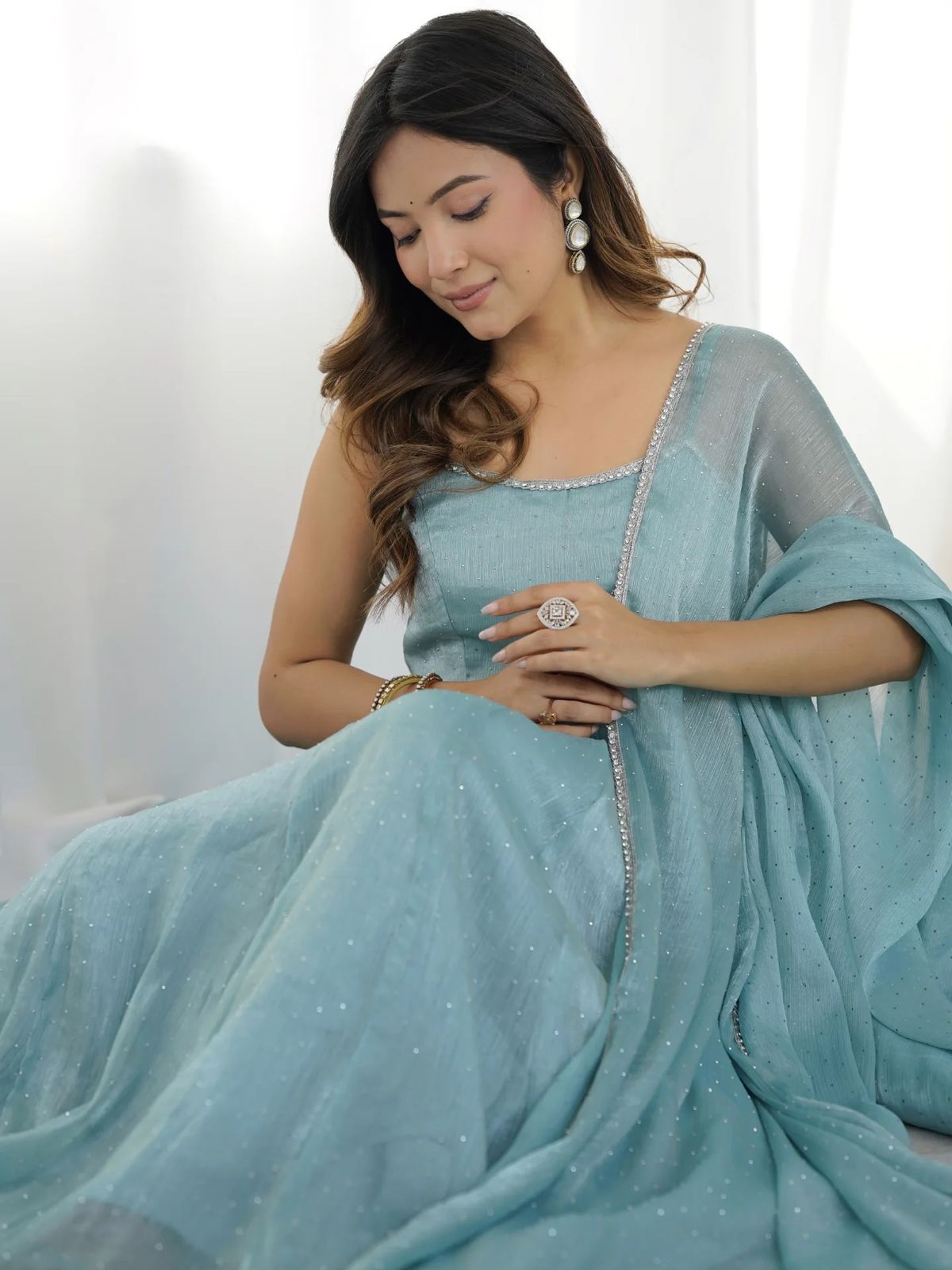 Crunch Silk Anarkali Suit Set For Women | Hotfix Designer Kurti Pant Dupatta Outfit | Heavy Flair Party Wear Ethnic Dress