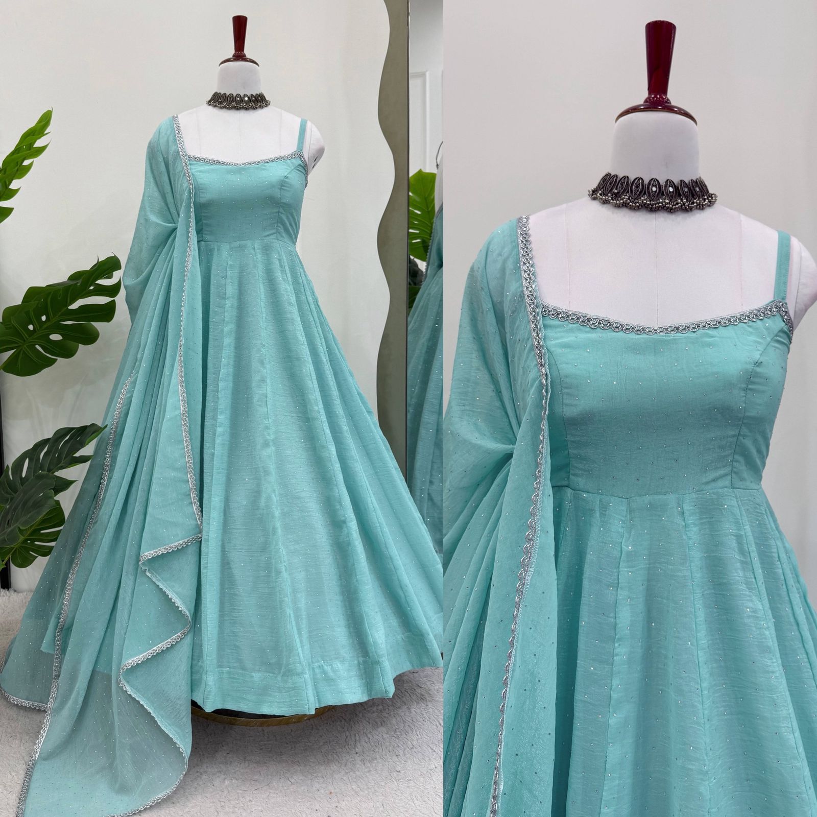 Crunch Silk Anarkali Suit Set For Women | Hotfix Designer Kurti Pant Dupatta Outfit | Heavy Flair Party Wear Ethnic Dress