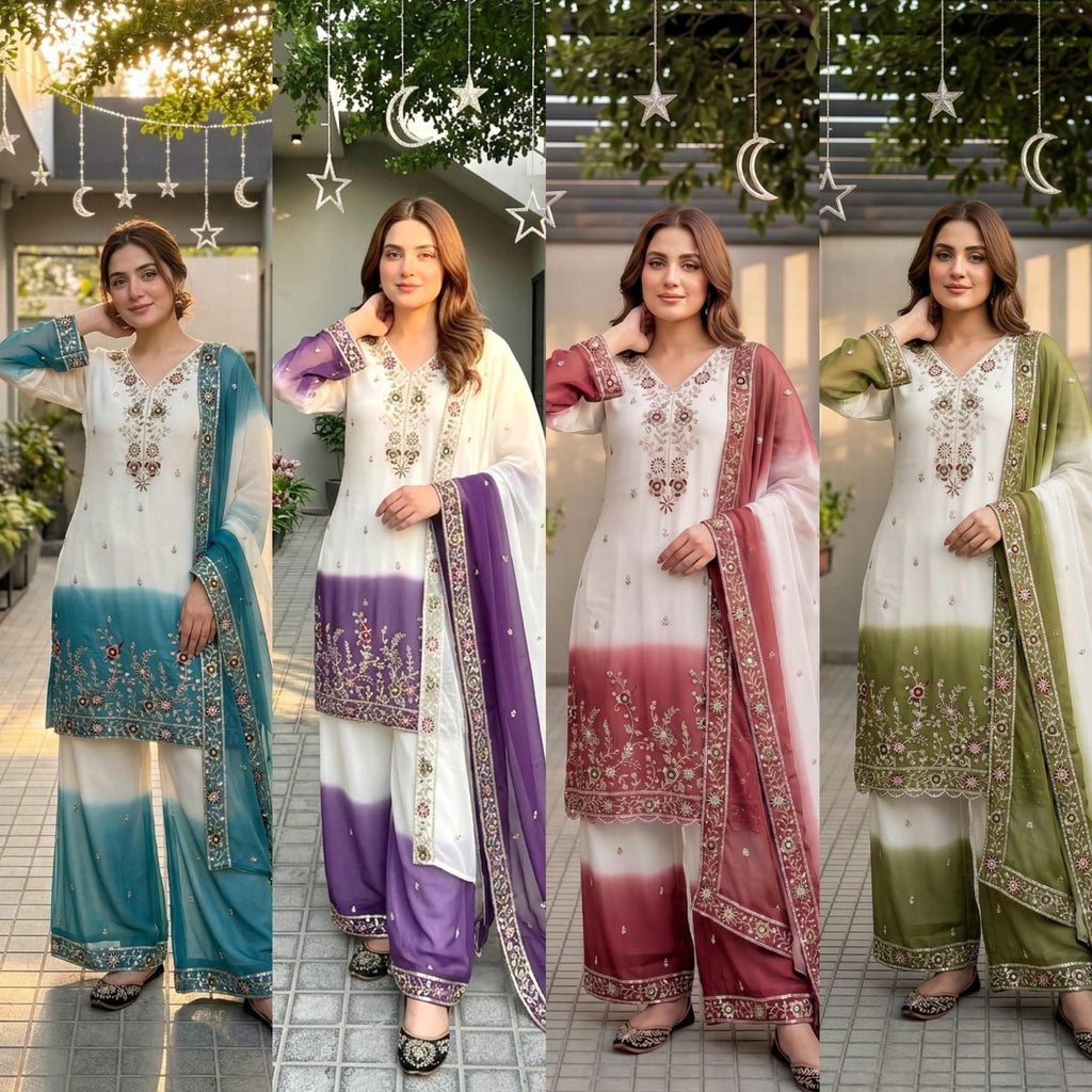 Dual Tone Georgette Palazzo Suit Set For Women | Embroidery Sequence Work Designer Party Wear Outfit | Heavy Star Georgette Dupatta Set