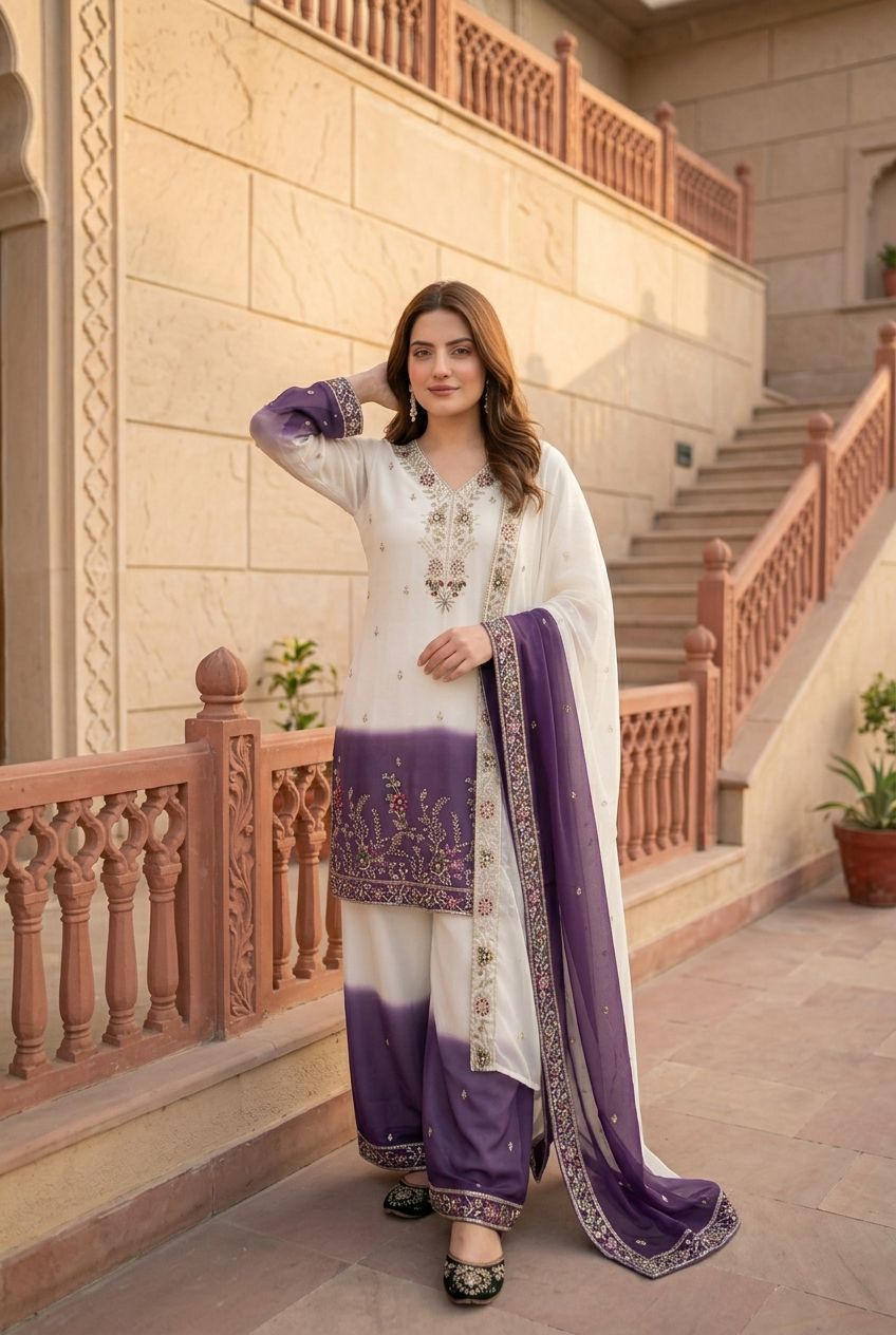 Dual Tone Georgette Palazzo Suit Set For Women | Embroidery Sequence Work Designer Party Wear Outfit | Heavy Star Georgette Dupatta Set