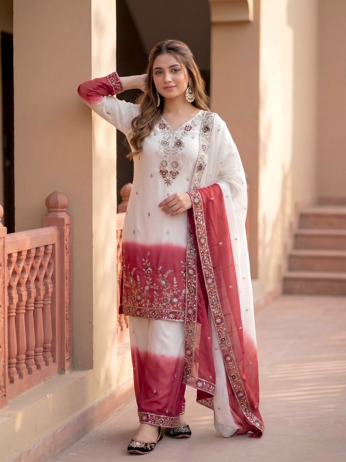 Dual Tone Georgette Palazzo Suit Set For Women | Embroidery Sequence Work Designer Party Wear Outfit | Heavy Star Georgette Dupatta Set