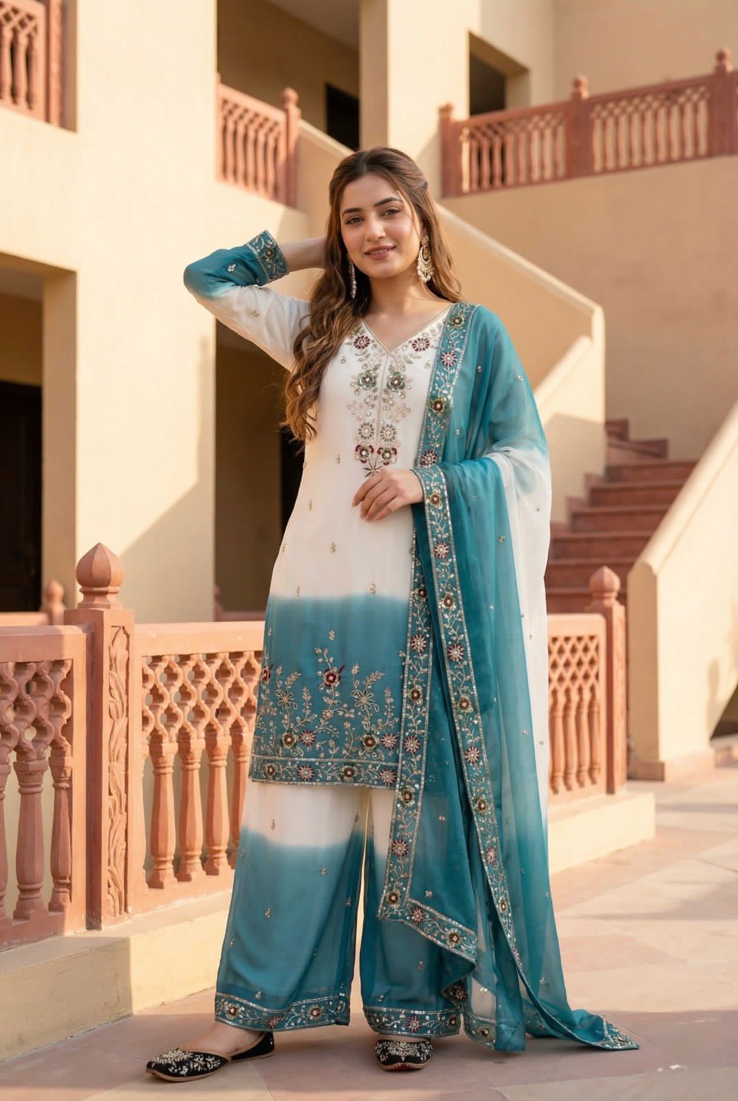 Dual Tone Georgette Palazzo Suit Set For Women | Embroidery Sequence Work Designer Party Wear Outfit | Heavy Star Georgette Dupatta Set