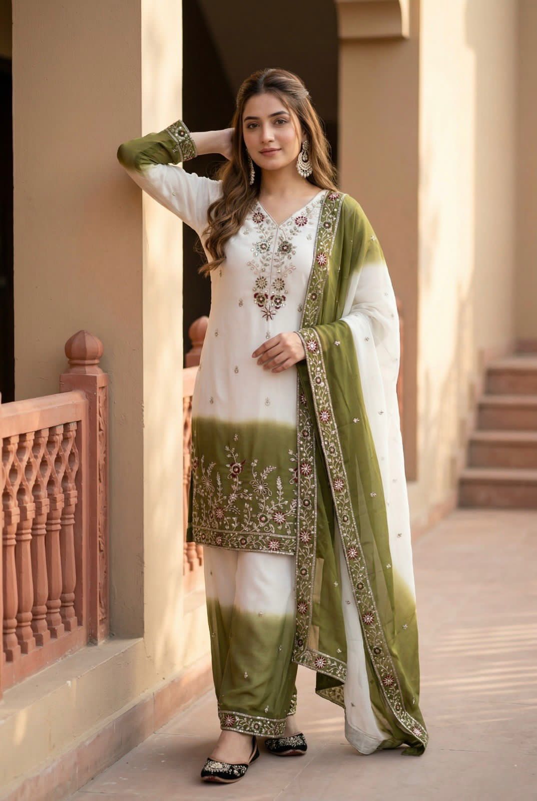 Dual Tone Georgette Palazzo Suit Set For Women | Embroidery Sequence Work Designer Party Wear Outfit | Heavy Star Georgette Dupatta Set