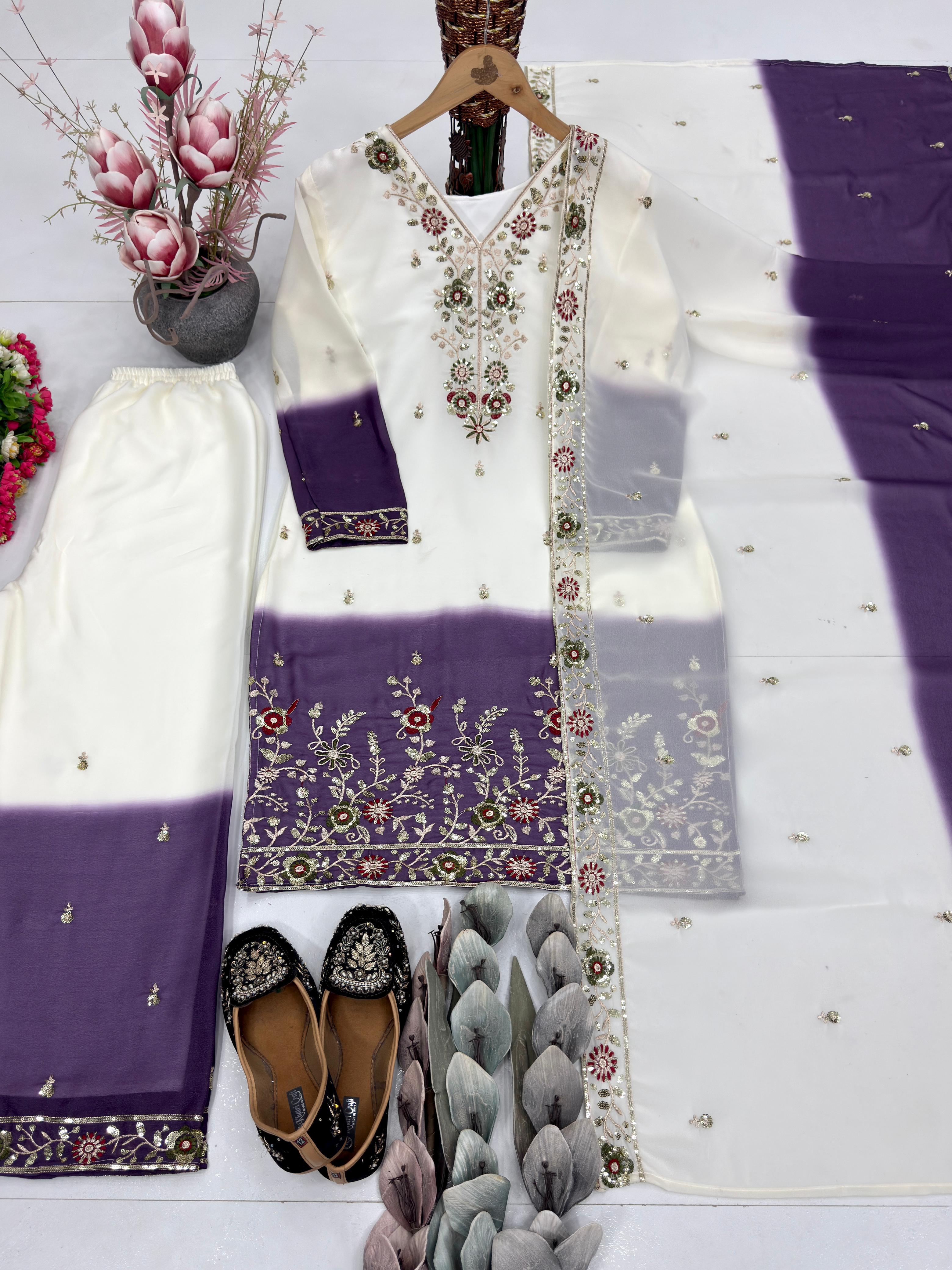 Dual Tone Georgette Palazzo Suit Set For Women | Embroidery Sequence Work Designer Party Wear Outfit | Heavy Star Georgette Dupatta Set