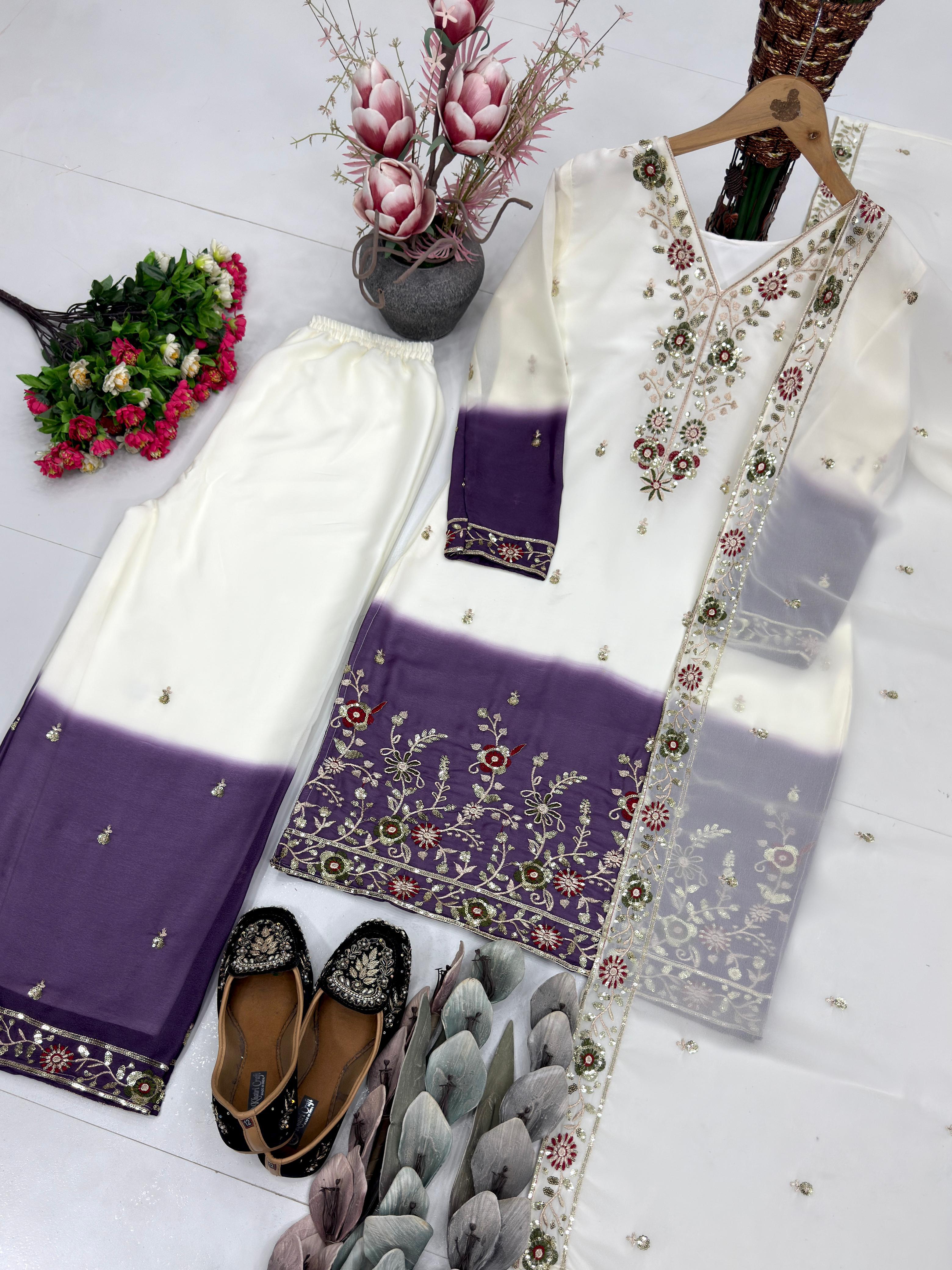 Dual Tone Georgette Palazzo Suit Set For Women | Embroidery Sequence Work Designer Party Wear Outfit | Heavy Star Georgette Dupatta Set