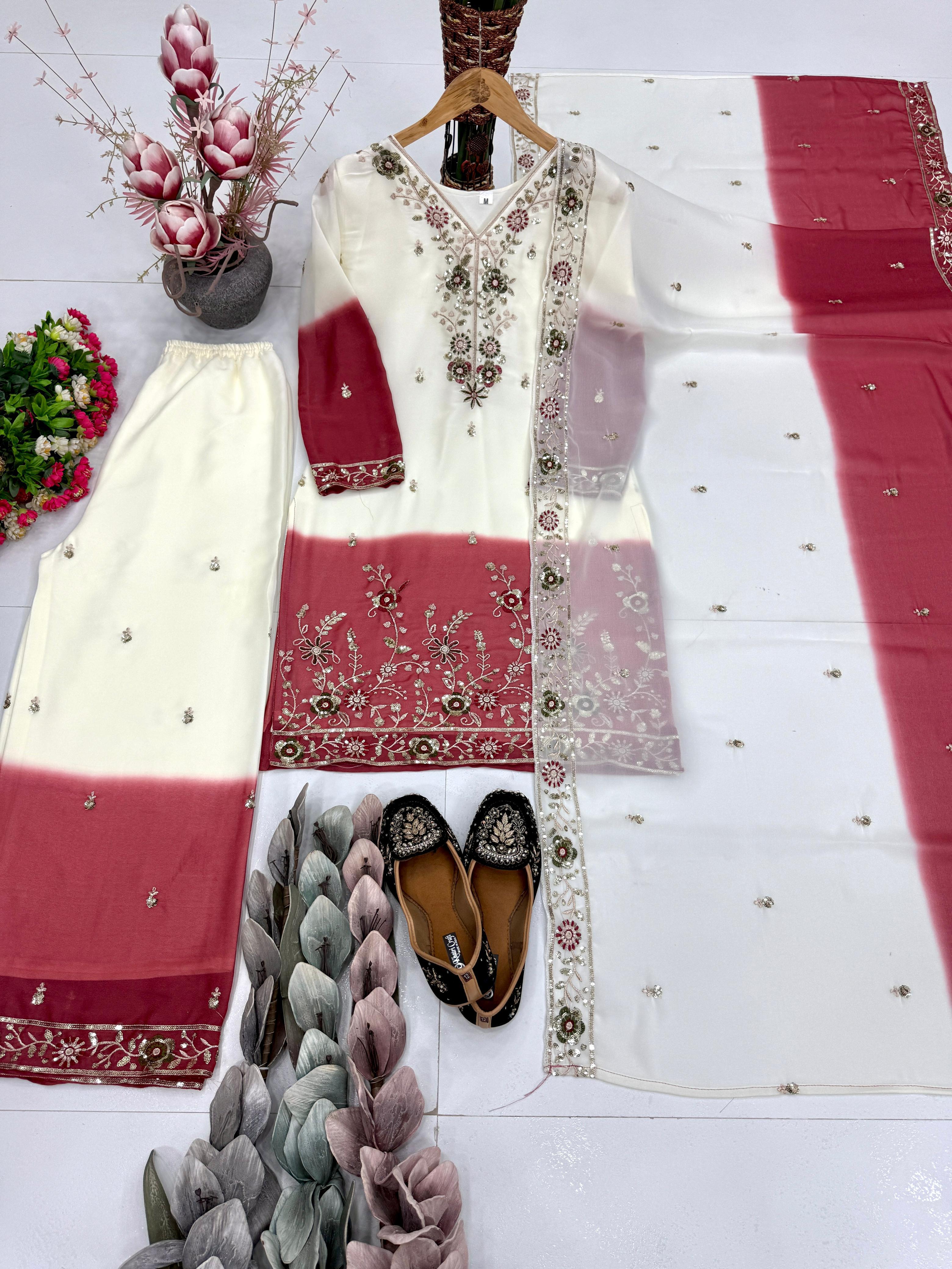 Dual Tone Georgette Palazzo Suit Set For Women | Embroidery Sequence Work Designer Party Wear Outfit | Heavy Star Georgette Dupatta Set