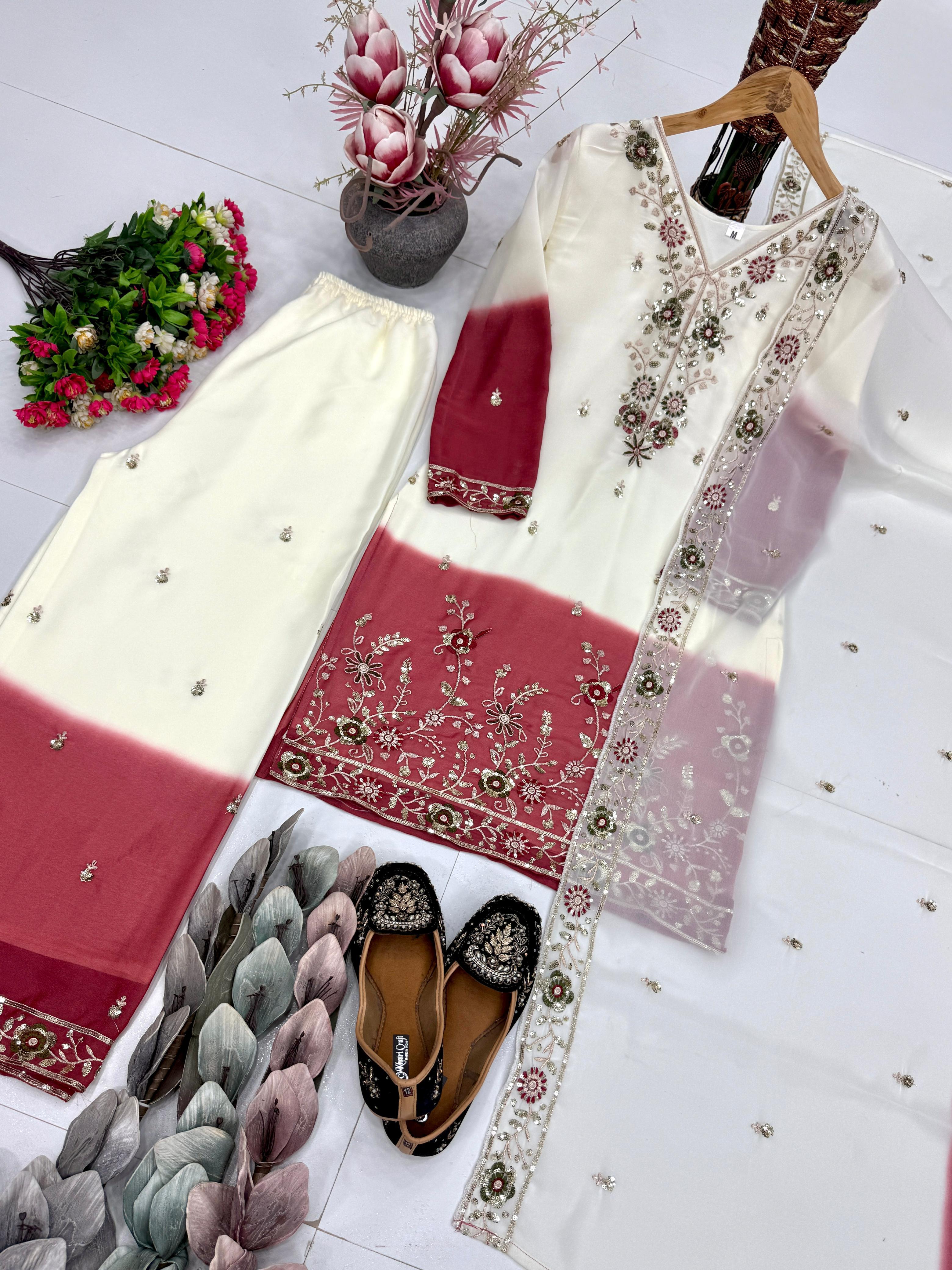 Dual Tone Georgette Palazzo Suit Set For Women | Embroidery Sequence Work Designer Party Wear Outfit | Heavy Star Georgette Dupatta Set