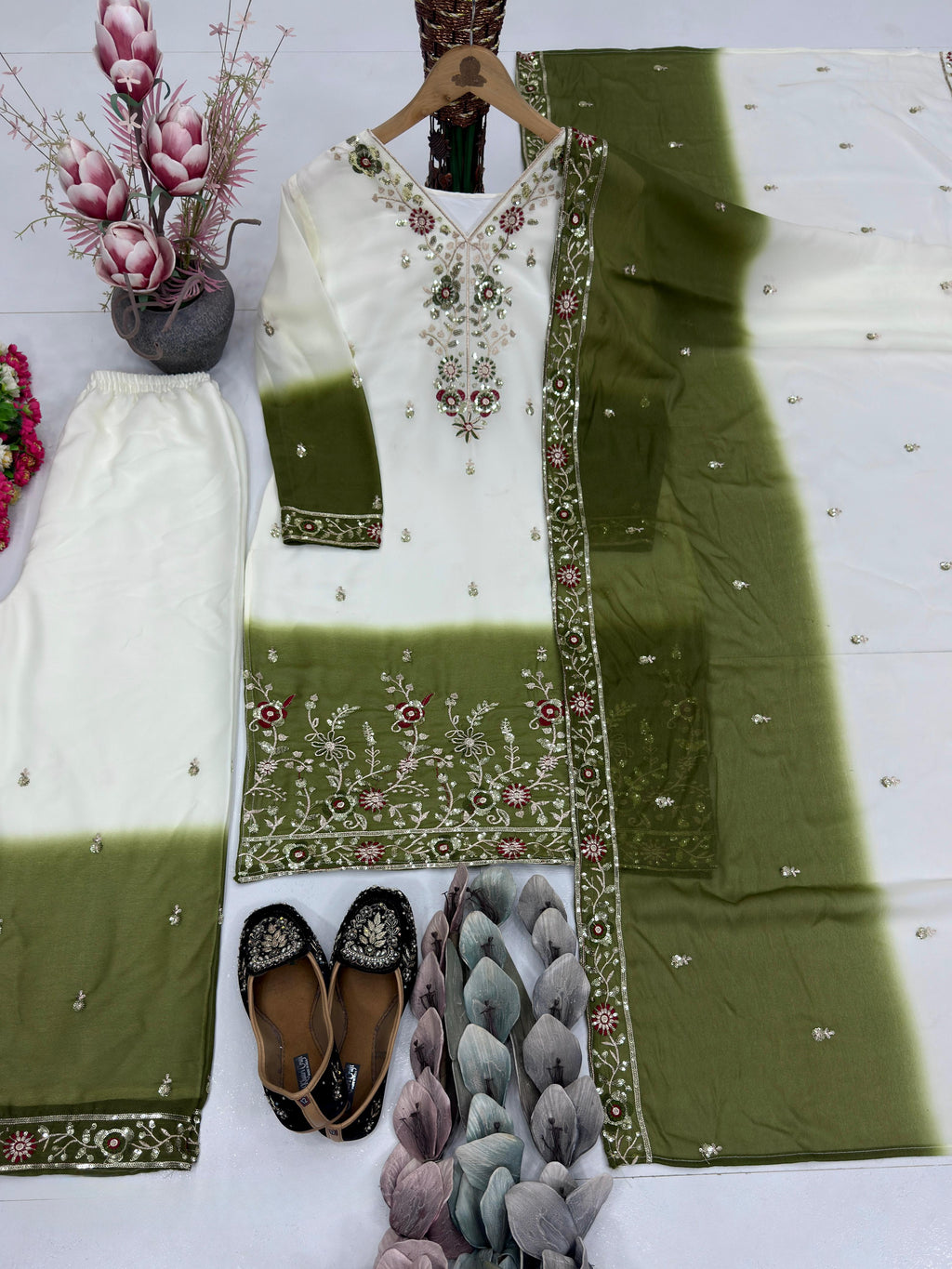 Dual Tone Georgette Palazzo Suit Set For Women | Embroidery Sequence Work Designer Party Wear Outfit | Heavy Star Georgette Dupatta Set