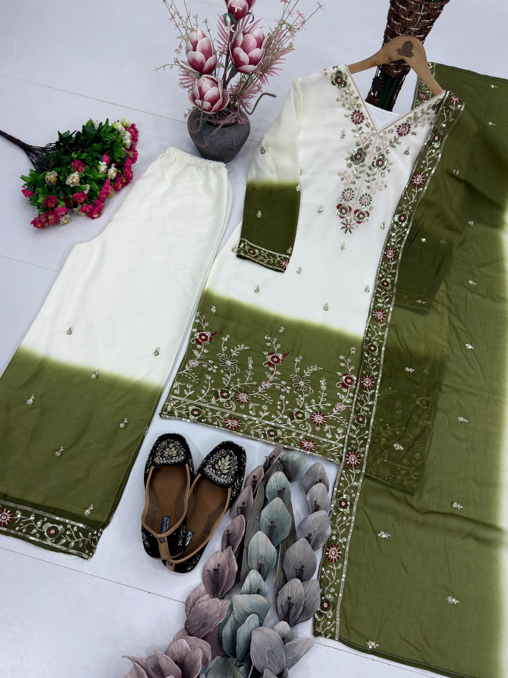 Dual Tone Georgette Palazzo Suit Set For Women | Embroidery Sequence Work Designer Party Wear Outfit | Heavy Star Georgette Dupatta Set