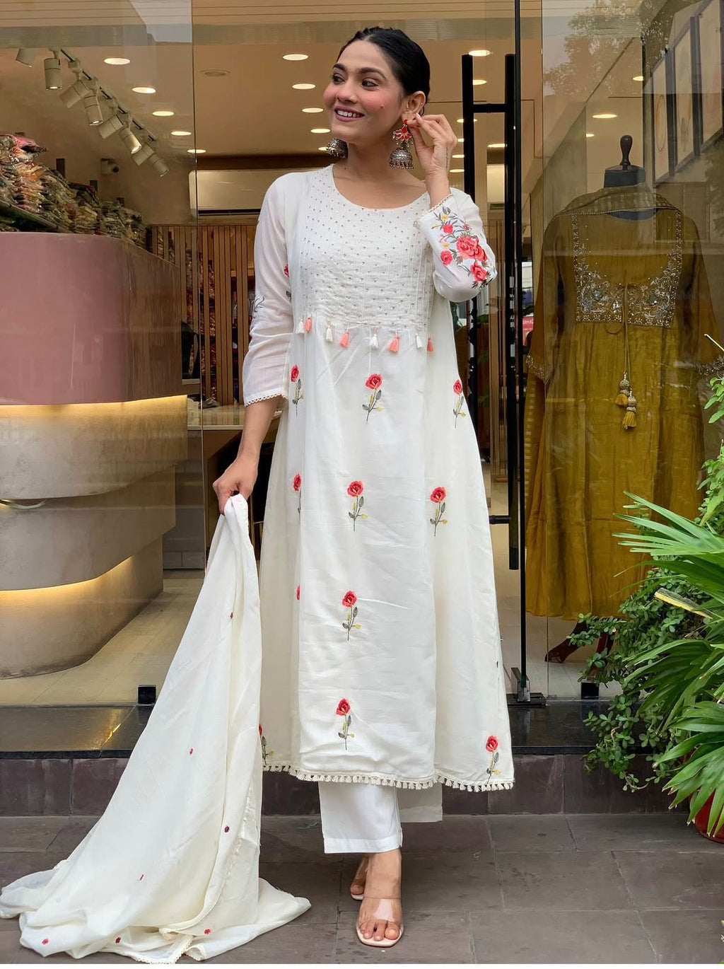 Chanderi Silk 3 Piece Suit Set For Women | Embroidered Designer Kurti Pant Dupatta Outfit | Elegant Ethnic Wear Collection