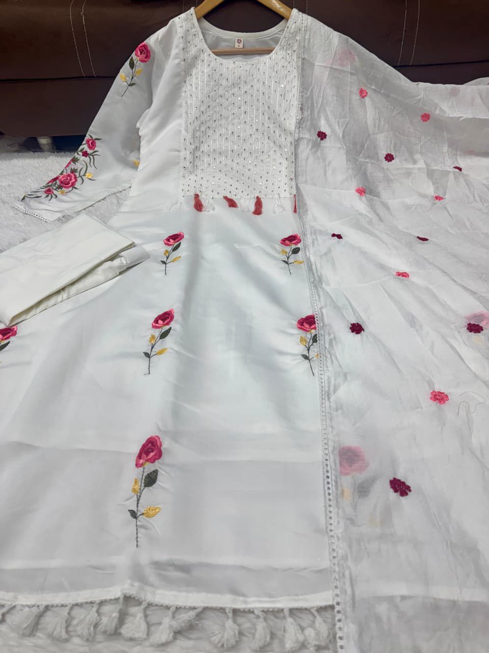Chanderi Silk 3 Piece Suit Set For Women | Embroidered Designer Kurti Pant Dupatta Outfit | Elegant Ethnic Wear Collection