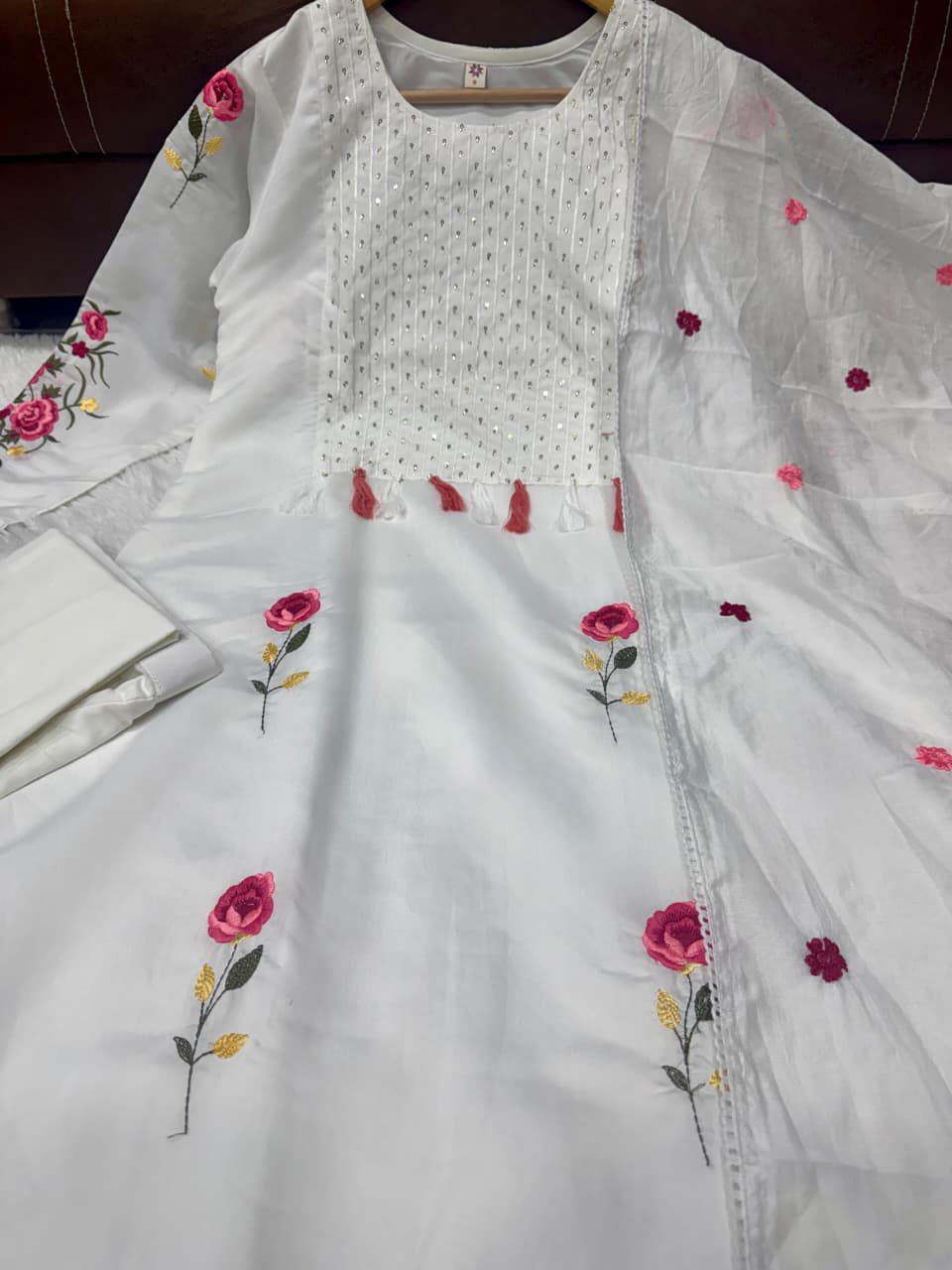 Chanderi Silk 3 Piece Suit Set For Women | Embroidered Designer Kurti Pant Dupatta Outfit | Elegant Ethnic Wear Collection
