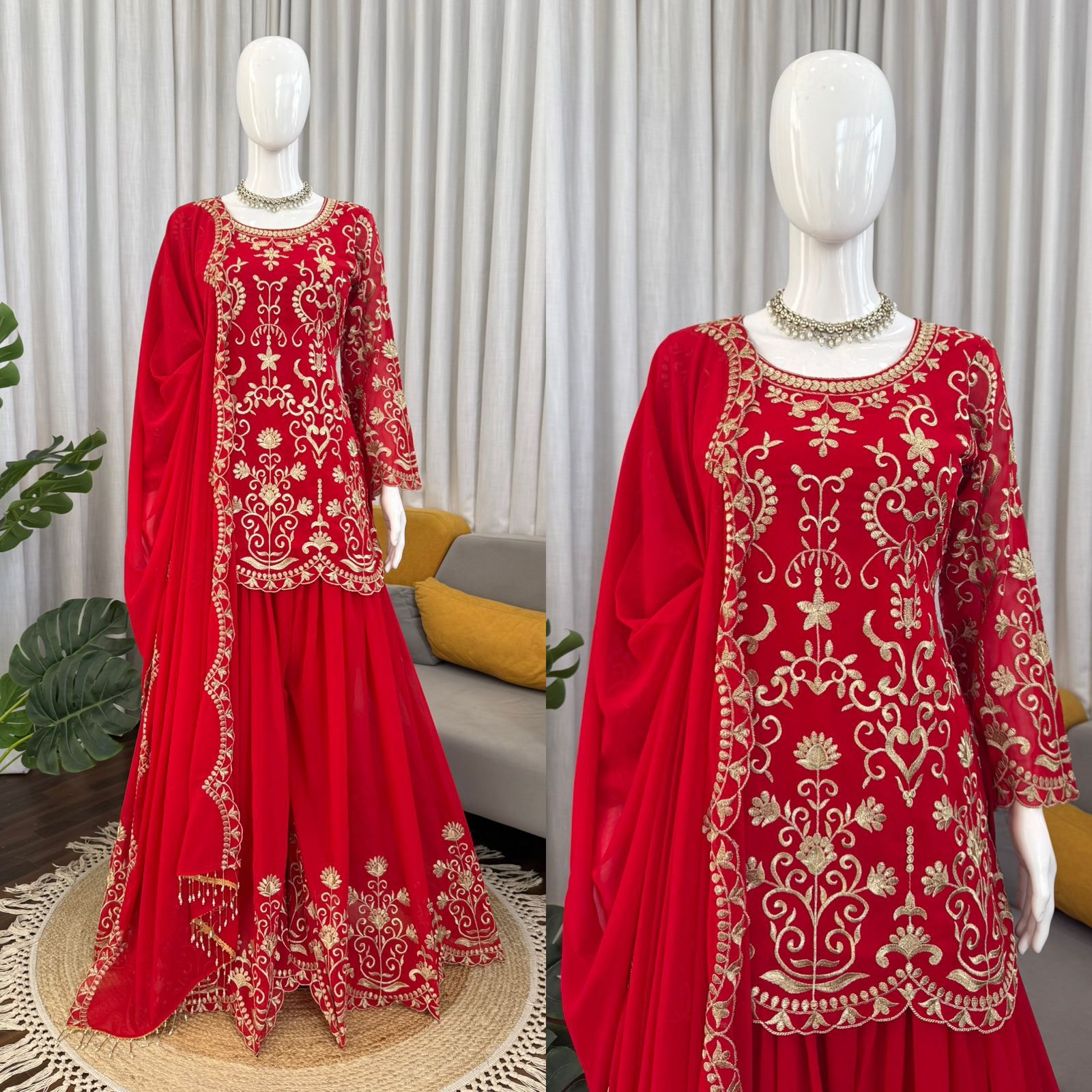 Designer Faux Georgette Sharara Suit Set For Women | Intricate Thread Work Party Wear Ethnic Outfit | Boutique Wedding Sharara Collection