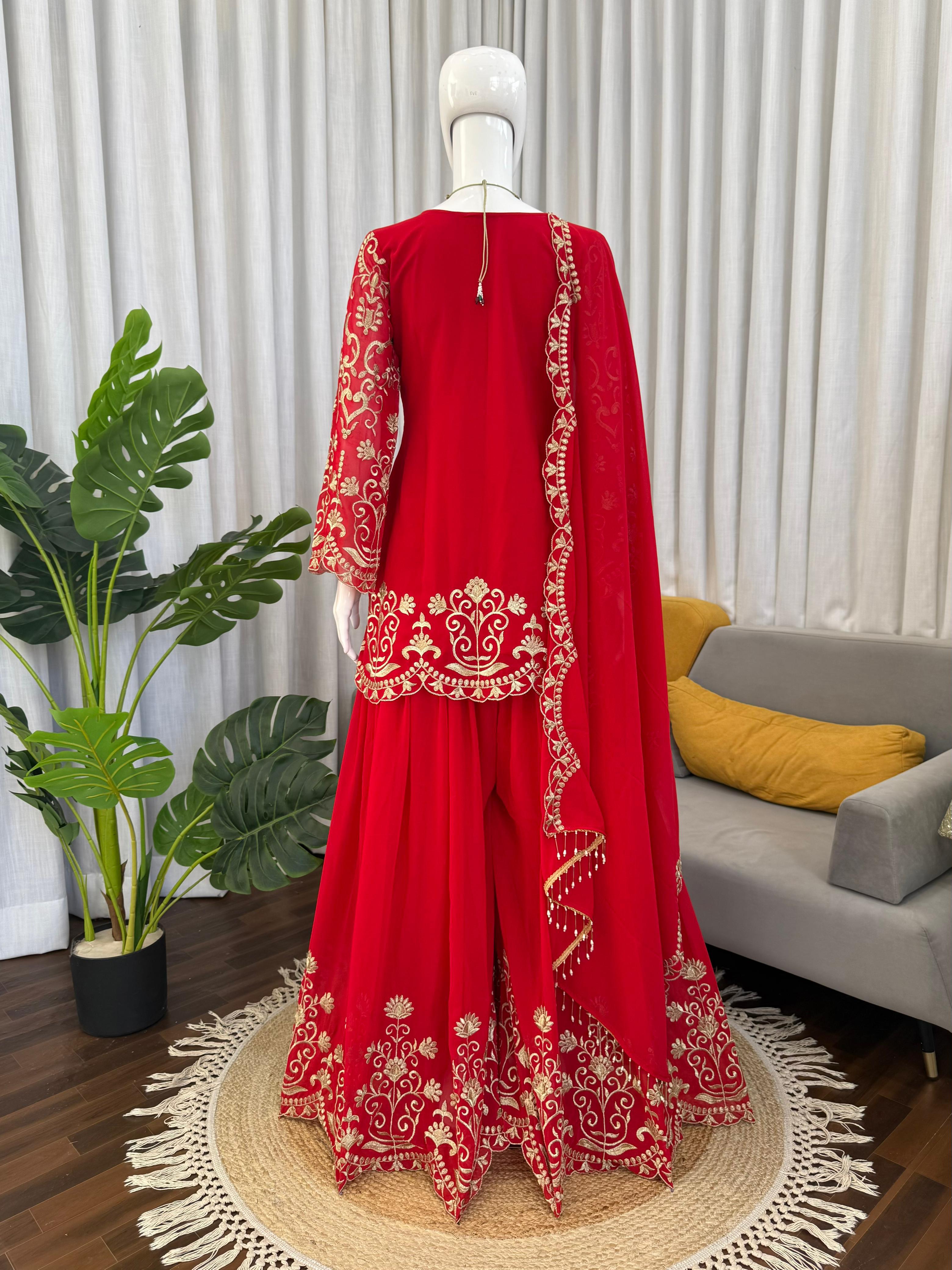 Designer Faux Georgette Sharara Suit Set For Women | Intricate Thread Work Party Wear Ethnic Outfit | Boutique Wedding Sharara Collection