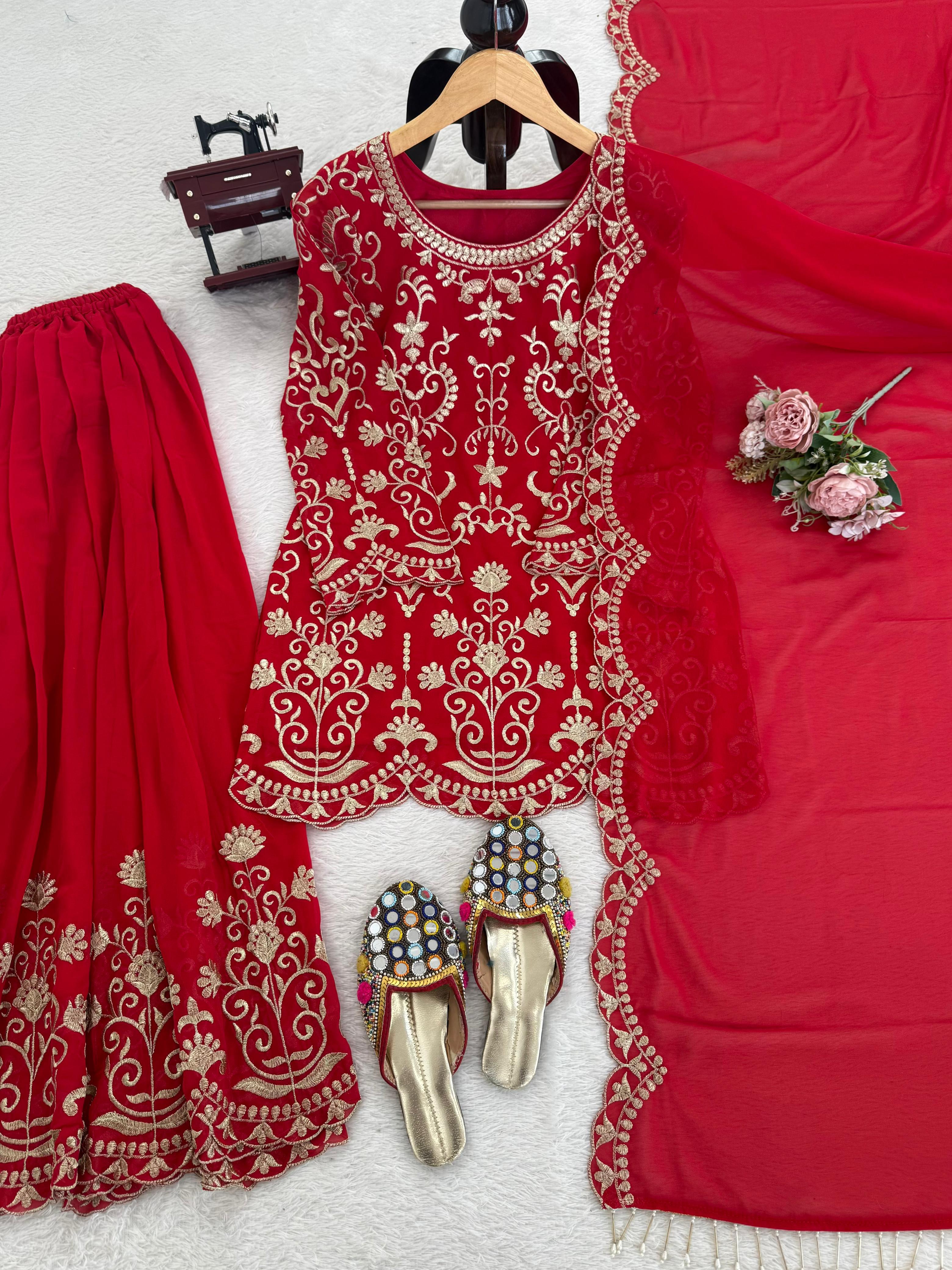 Designer Faux Georgette Sharara Suit Set For Women | Intricate Thread Work Party Wear Ethnic Outfit | Boutique Wedding Sharara Collection