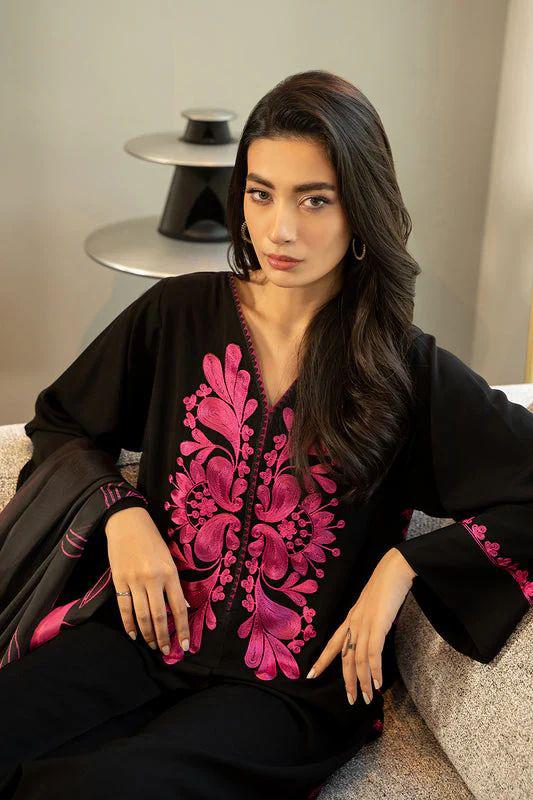 Hand Embroidered Aari Work Coord Set For Women | Jet Black Rayon Cotton Top Pant With Hot Pink Embroidery | Designer 2 Piece Ethnic Outfit