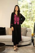 Hand Embroidered Aari Work Coord Set For Women | Jet Black Rayon Cotton Top Pant With Hot Pink Embroidery | Designer 2 Piece Ethnic Outfit
